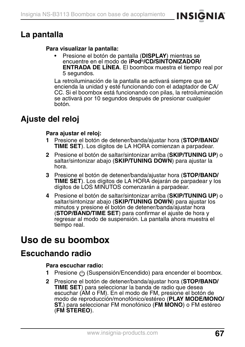 La pantalla, Ajuste del reloj, Uso de su boombox | Escuchando radio | Insignia NS-B3113 User Manual | Page 67 / 84