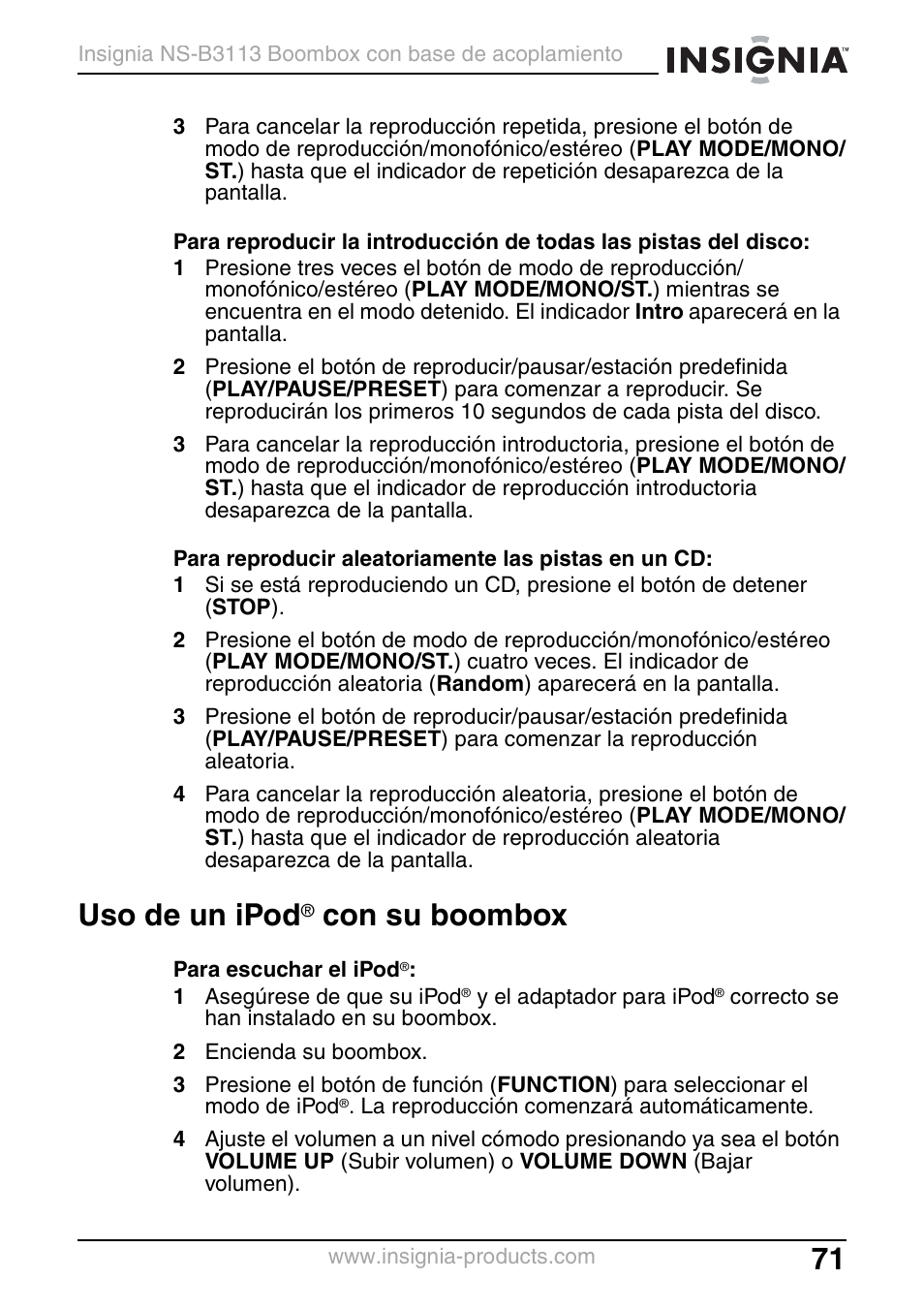 Uso de un ipod® con su boombox, Uso de un ipod, Con su boombox | Insignia NS-B3113 User Manual | Page 71 / 84