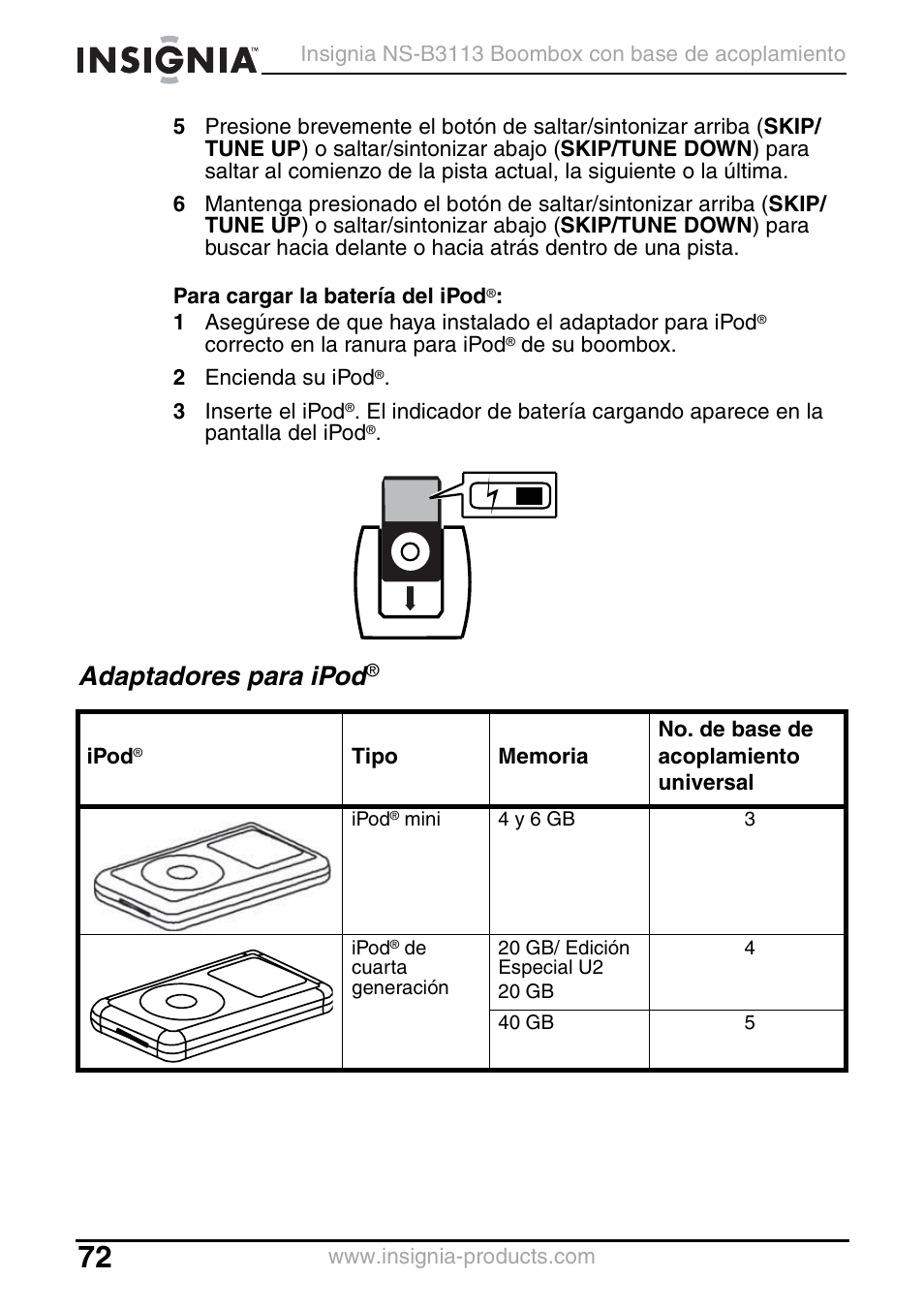 Adaptadores para ipod | Insignia NS-B3113 User Manual | Page 72 / 84
