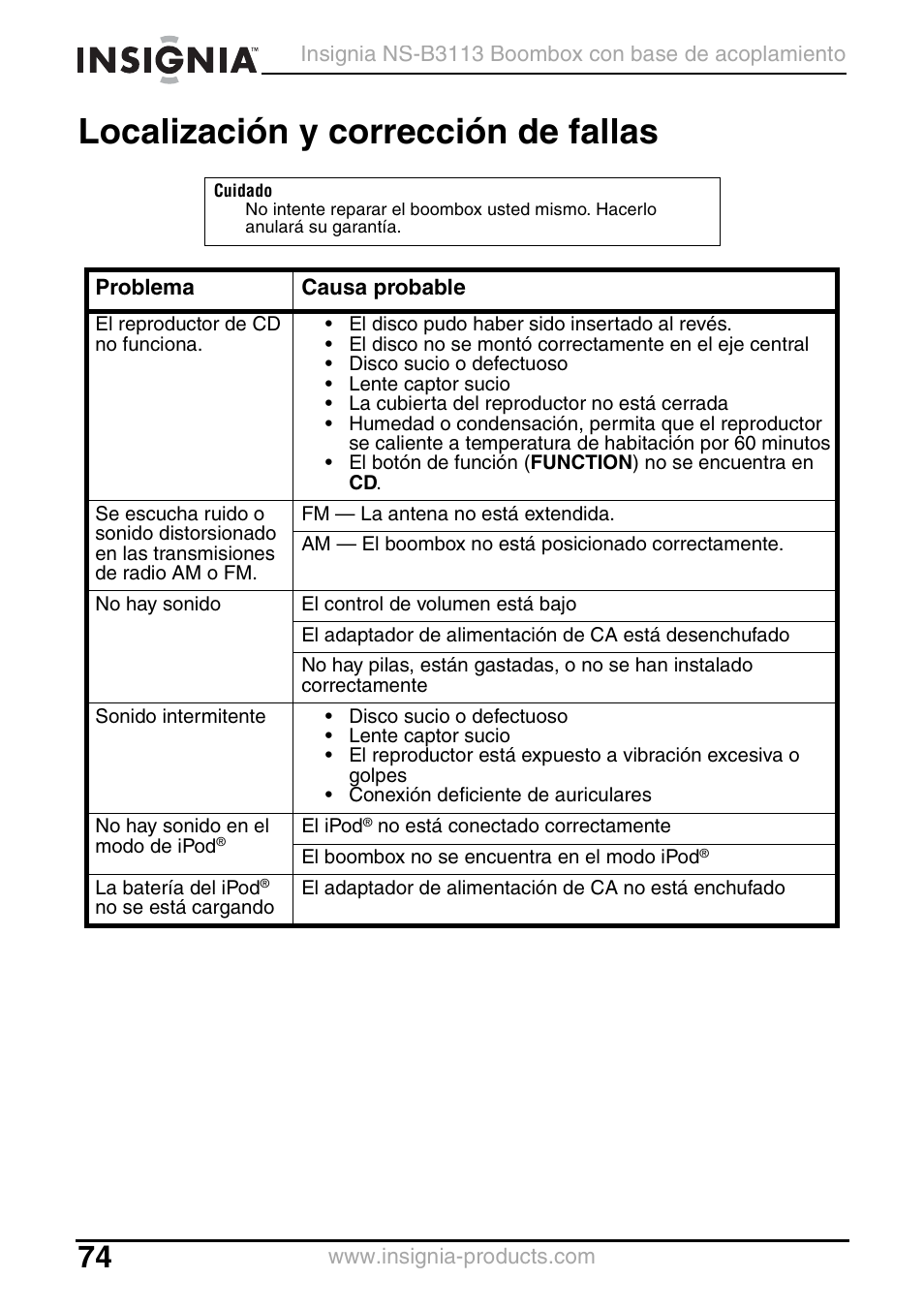 Localización y corrección de fallas | Insignia NS-B3113 User Manual | Page 74 / 84