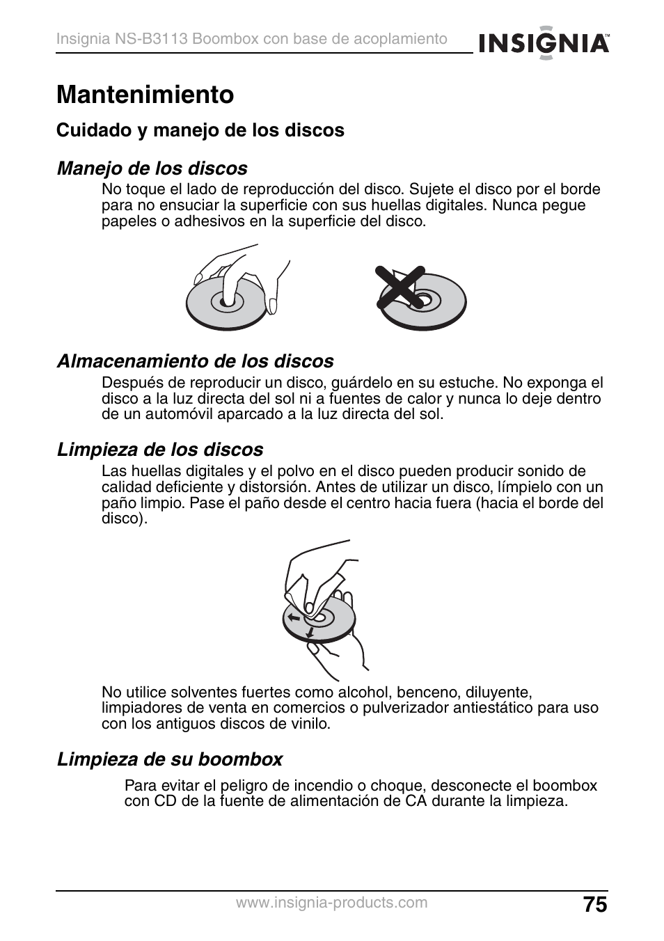 Mantenimiento, Cuidado y manejo de los discos, Manejo de los discos | Almacenamiento de los discos, Limpieza de los discos, Limpieza de su boombox | Insignia NS-B3113 User Manual | Page 75 / 84