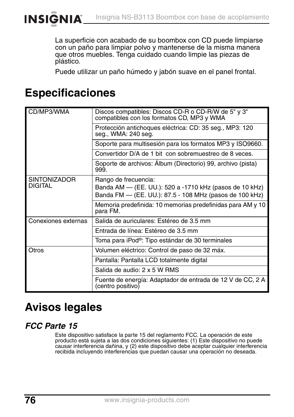 Especificaciones, Avisos legales, Fcc parte 15 | Especificaciones avisos legales | Insignia NS-B3113 User Manual | Page 76 / 84