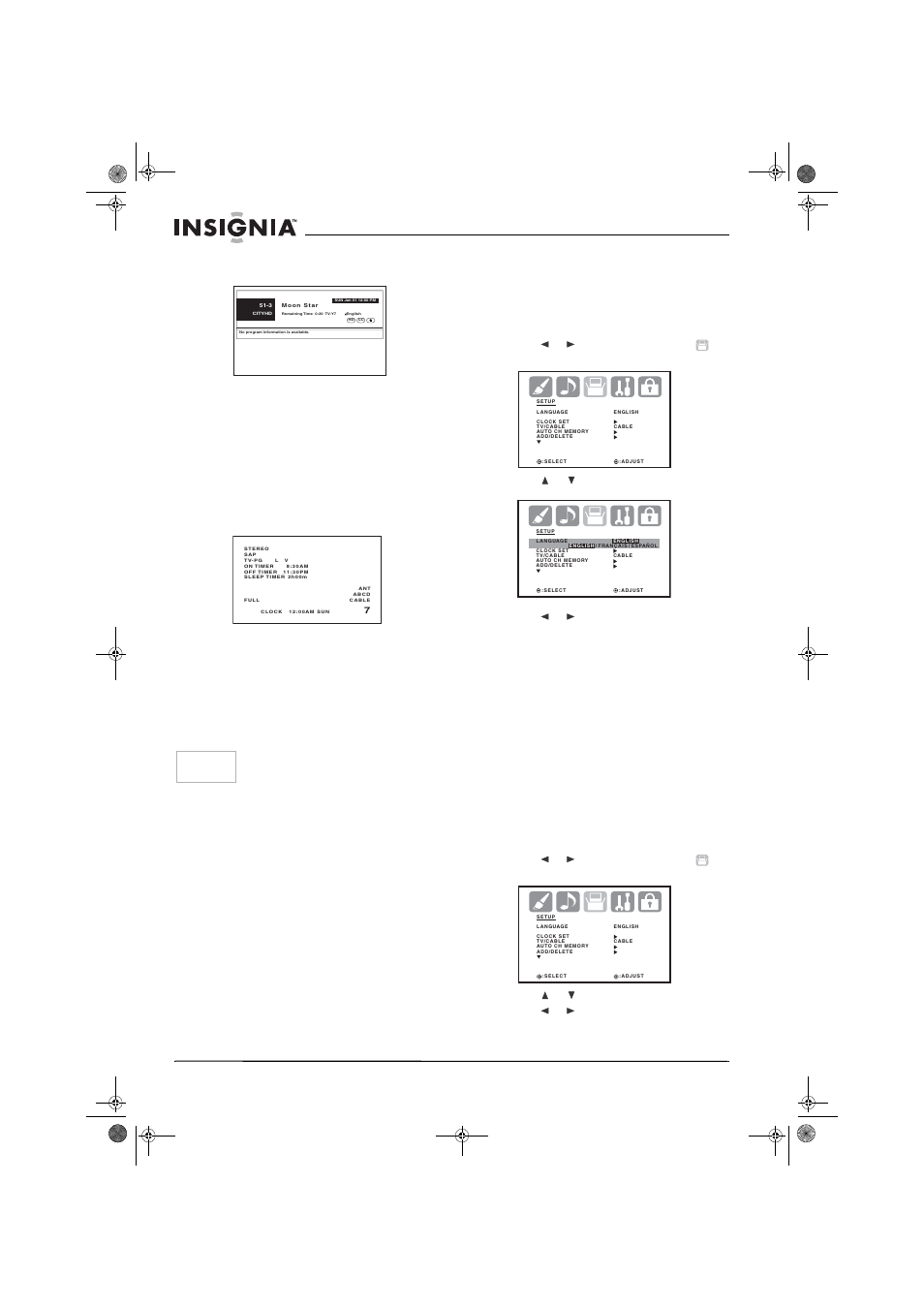 3 press display again to clear the display, Initial settings, Selecting the language | 3 press or to select language, 4 press or to select the language you want, Memorizing channels, 3 press or to select tv/cable, 4 press or to select tv or cable | Insignia NS-30HTV User Manual | Page 12 / 88