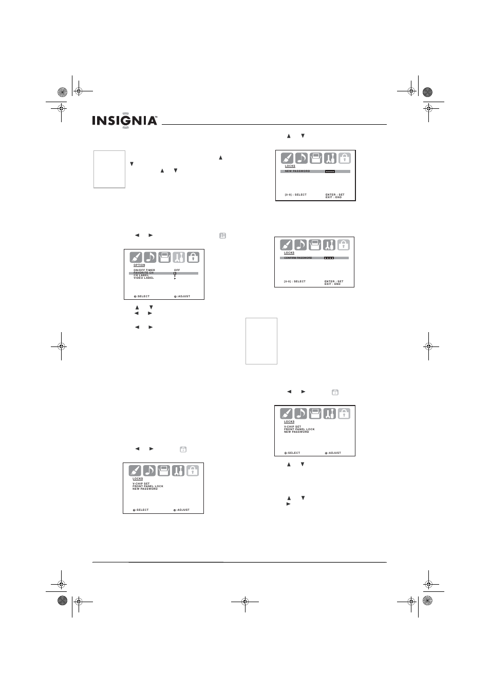 5 press or to select clear, then press enter, General settings and controls, Making the v-chip settings | 2 press or to select (locks). the locks menu opens | Insignia NS-30HTV User Manual | Page 14 / 88