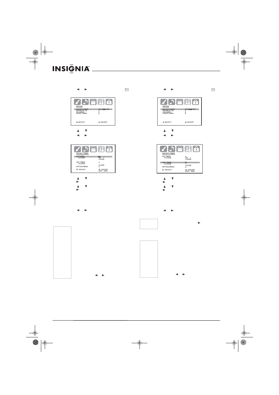 3 press or to select on/off timer, 6 press or to set the hour you want, then press, 8 press or to select daily, then press enter | Insignia NS-30HTV User Manual | Page 18 / 88