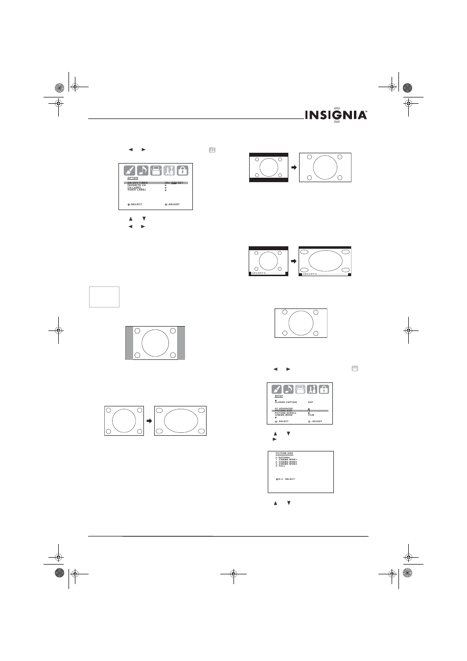 3 press or to select on/off timer, Setting the picture size | Insignia NS-30HTV User Manual | Page 19 / 88