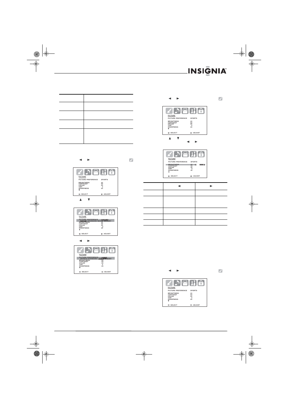 Setting the picture preference, 3 press or to select picture preference, 4 press or to select the setting you want | Adjusting the picture, Setting the color temperature, Element | Insignia NS-30HTV User Manual | Page 21 / 88