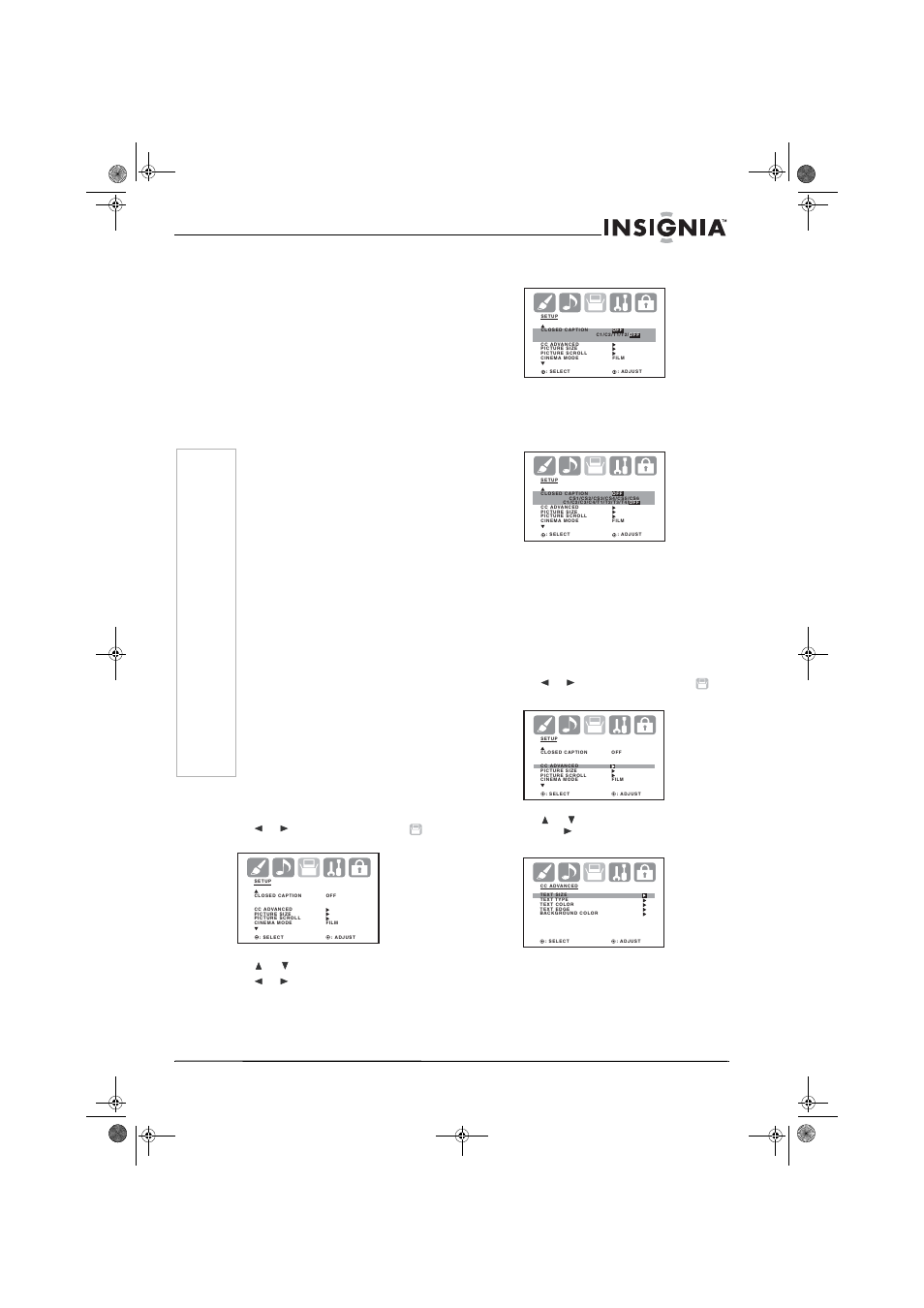 Setting closed captioning, 3 press or to select closed caption, Customizing closed captions | Insignia NS-30HTV User Manual | Page 23 / 88