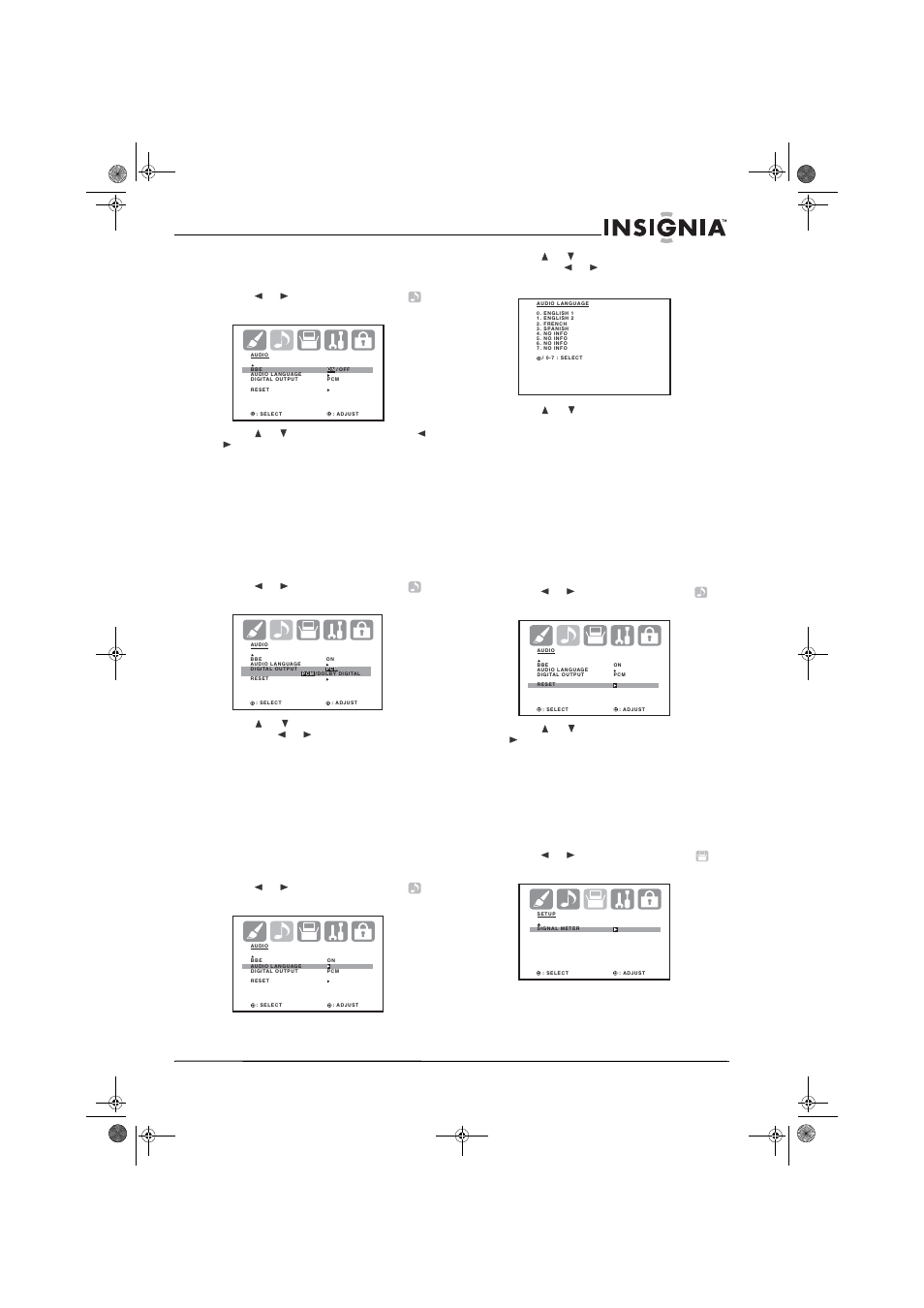 Selecting digital sound output, Selecting the audio language, 4 press or to select the language you want | Resetting the audio adjustments, Checking the digital signal strength | Insignia NS-30HTV User Manual | Page 25 / 88