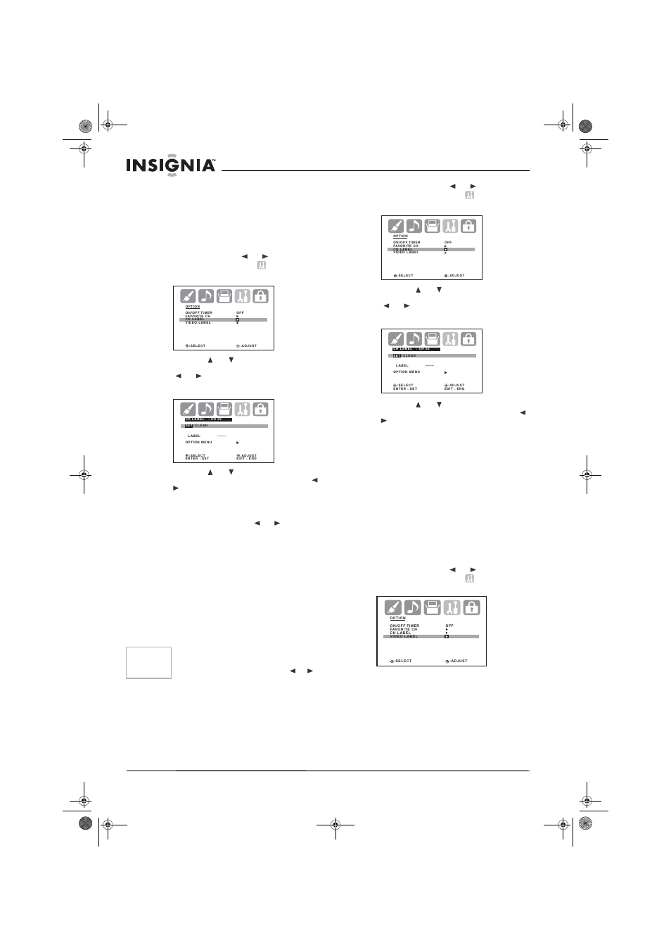 1 sélectionner le canal à étiqueter, Étiquetage de la source d’entrée vidéo | Insignia NS-30HTV User Manual | Page 44 / 88