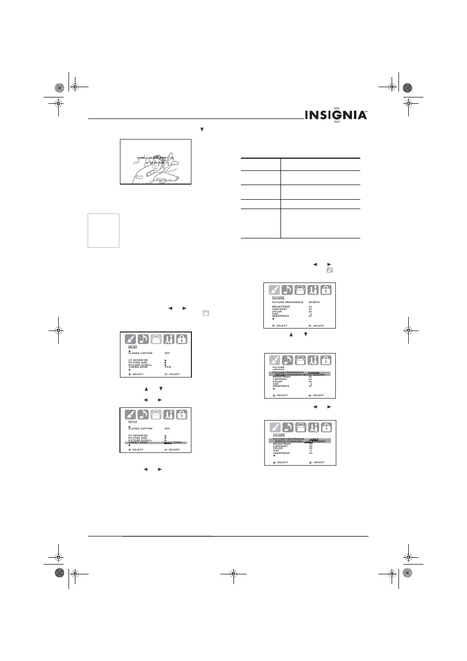 7 pour abaisser l’image, appuyer sur, Sélection du mode cinéma, Définition de la préférence d'image | Mode description | Insignia NS-30HTV User Manual | Page 49 / 88