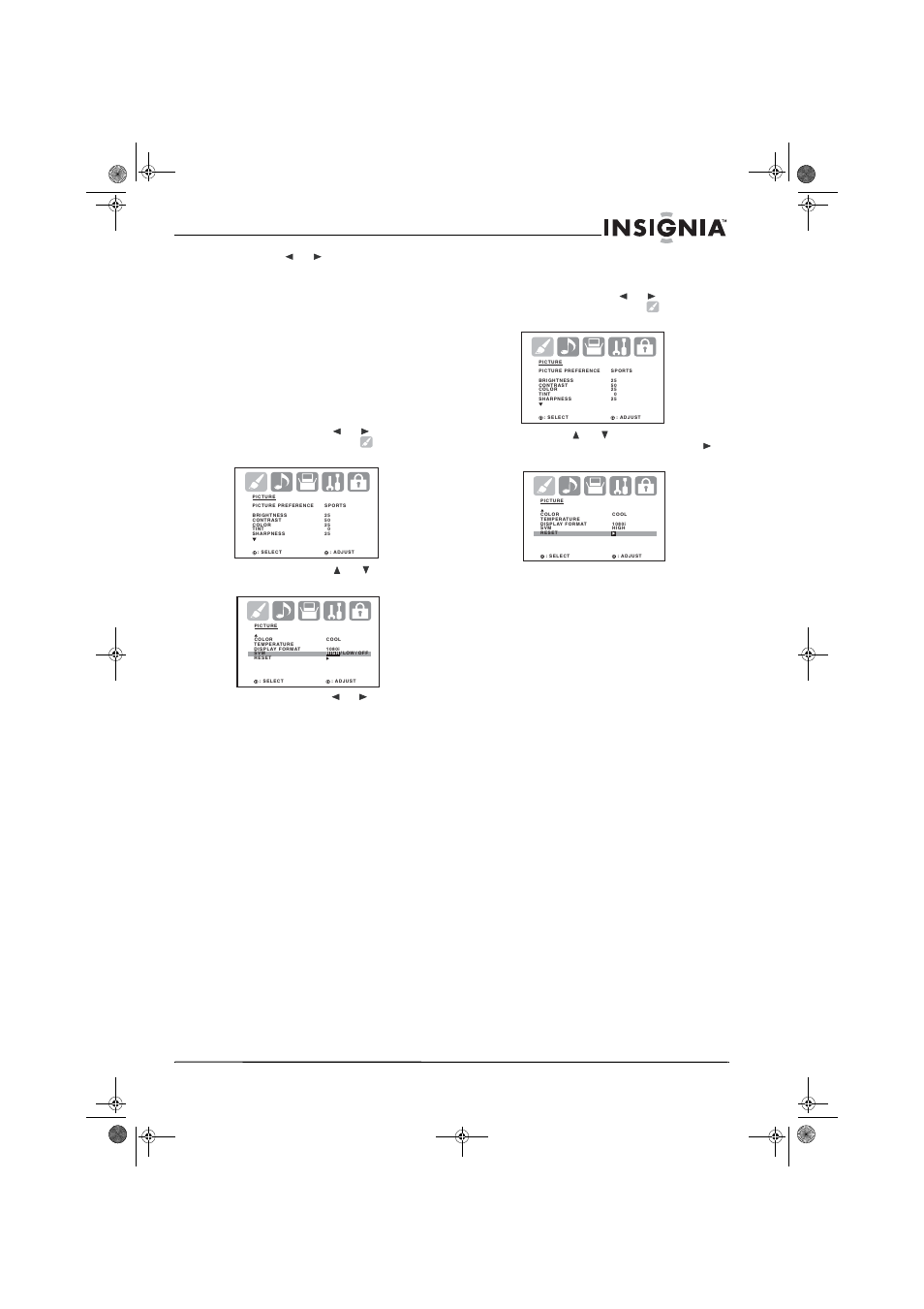 4 appuyer sur ou pour sélectionner 540p ou 1080i, 3 appuyer sur la touche ou pour sélectionner svm, Réinitialisation des réglages de l'image | Réglage des sous-titres codés | Insignia NS-30HTV User Manual | Page 51 / 88