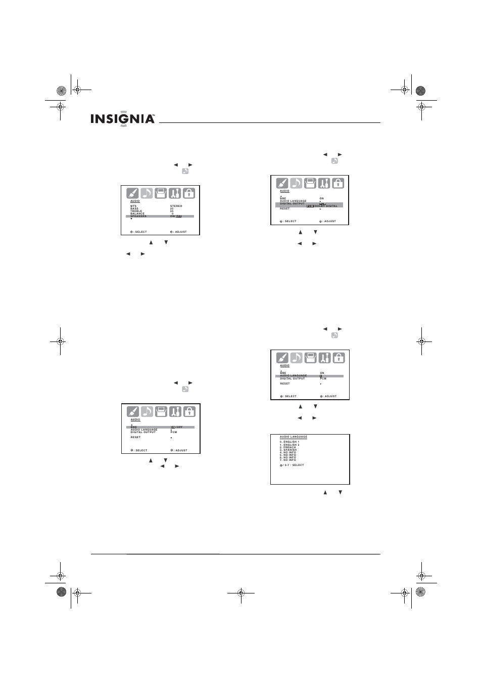 Désactivation des haut-parleurs intégrés, Sélection du bbe, Sélection de la sortie audio numérique | Sélection de la langue audio | Insignia NS-30HTV User Manual | Page 54 / 88