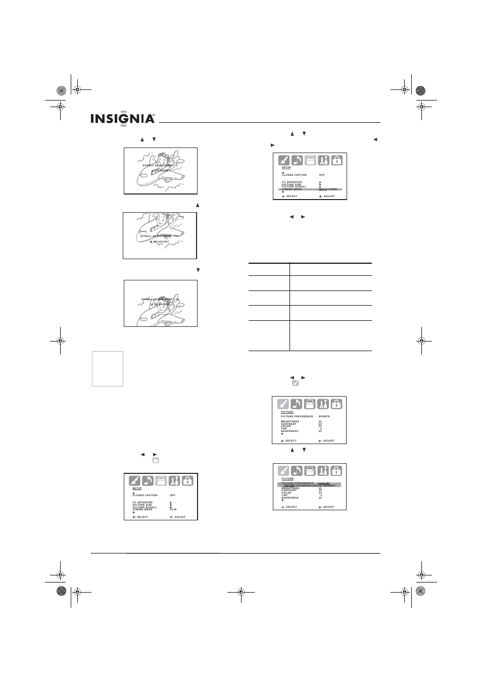 6 para subir la imagen, presione, 7 para bajar la imagen, presione, Selección del modo de cinema | Establecimiento de la preferencia de imagen | Insignia NS-30HTV User Manual | Page 78 / 88