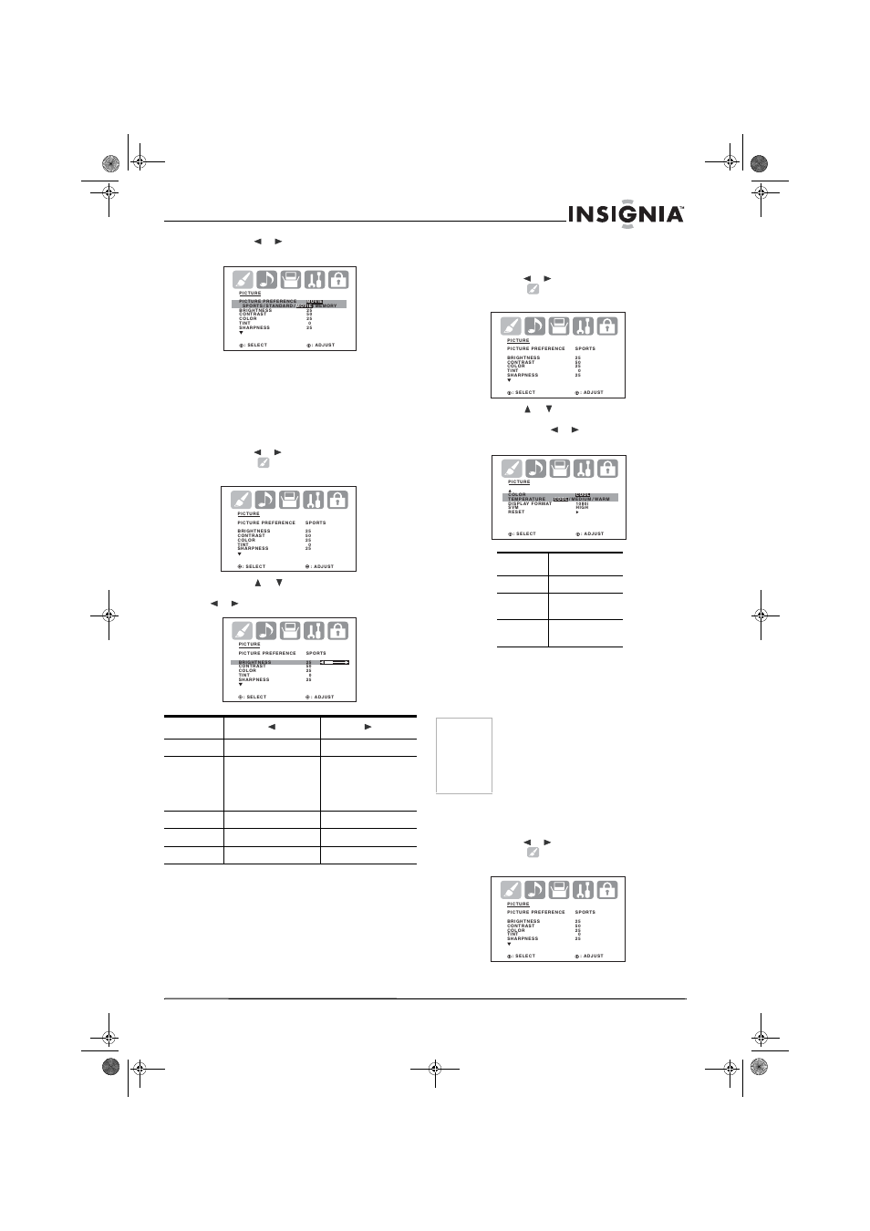 4 presione o para seleccionar el ajuste deseado, Ajuste de la imagen, Cómo establecer la temperatura del color | Ajuste del formato de la pantalla, Modo descripción, Notas | Insignia NS-30HTV User Manual | Page 79 / 88