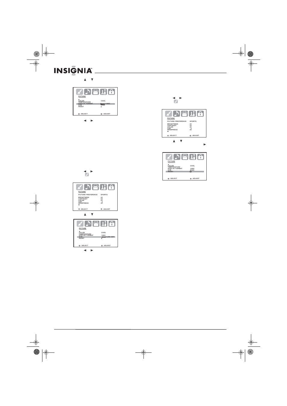 4 presione o para seleccionar 540p o 1080i, 3 presione o para seleccionar svm, Restablecimiento de los ajustes de la imagen | Cómo establecer la función de subtítulos | Insignia NS-30HTV User Manual | Page 80 / 88