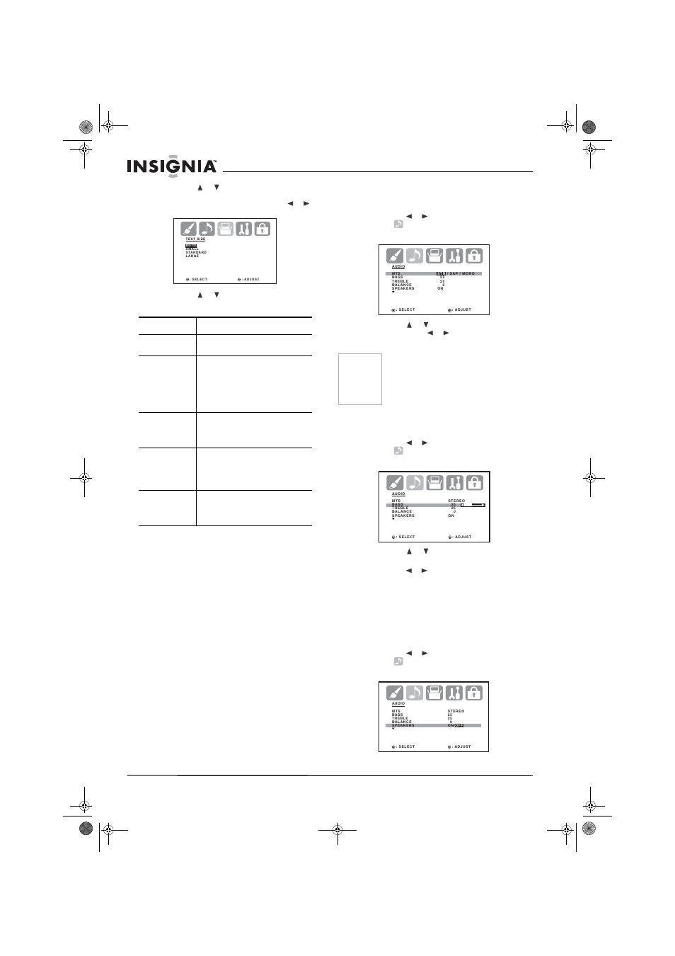 5 presione o para seleccionar el ajuste deseado, Desactivación de los altavoces integrados | Insignia NS-30HTV User Manual | Page 82 / 88