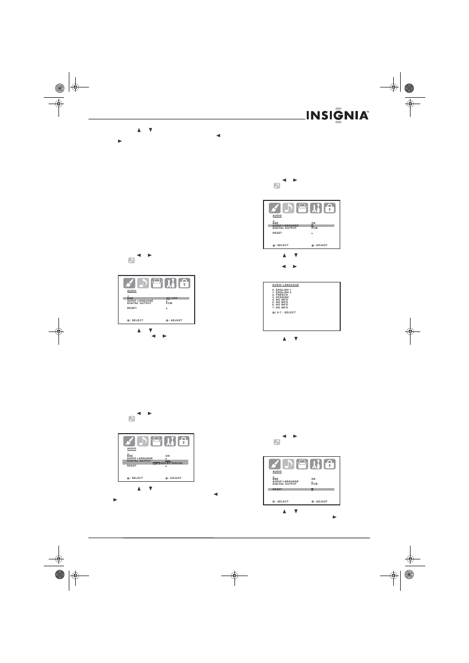 Selección de bbe, Selección de la salida de sonido digital, Selección del idioma del audio | 4 presione o para seleccionar el idioma deseado, Restablecimiento de los ajustes de audio | Insignia NS-30HTV User Manual | Page 83 / 88
