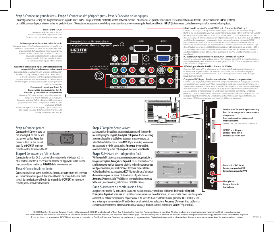 Step 5 complete setup wizard, Étape 5 assistant de configuration final, Step 4 connect power | Étape 4 connexion de l’alimentation, Paso 4 conexión a la corriente, Paso 5 asistente de configuración final | Insignia NS-L32Q-10A User Manual | Page 2 / 2