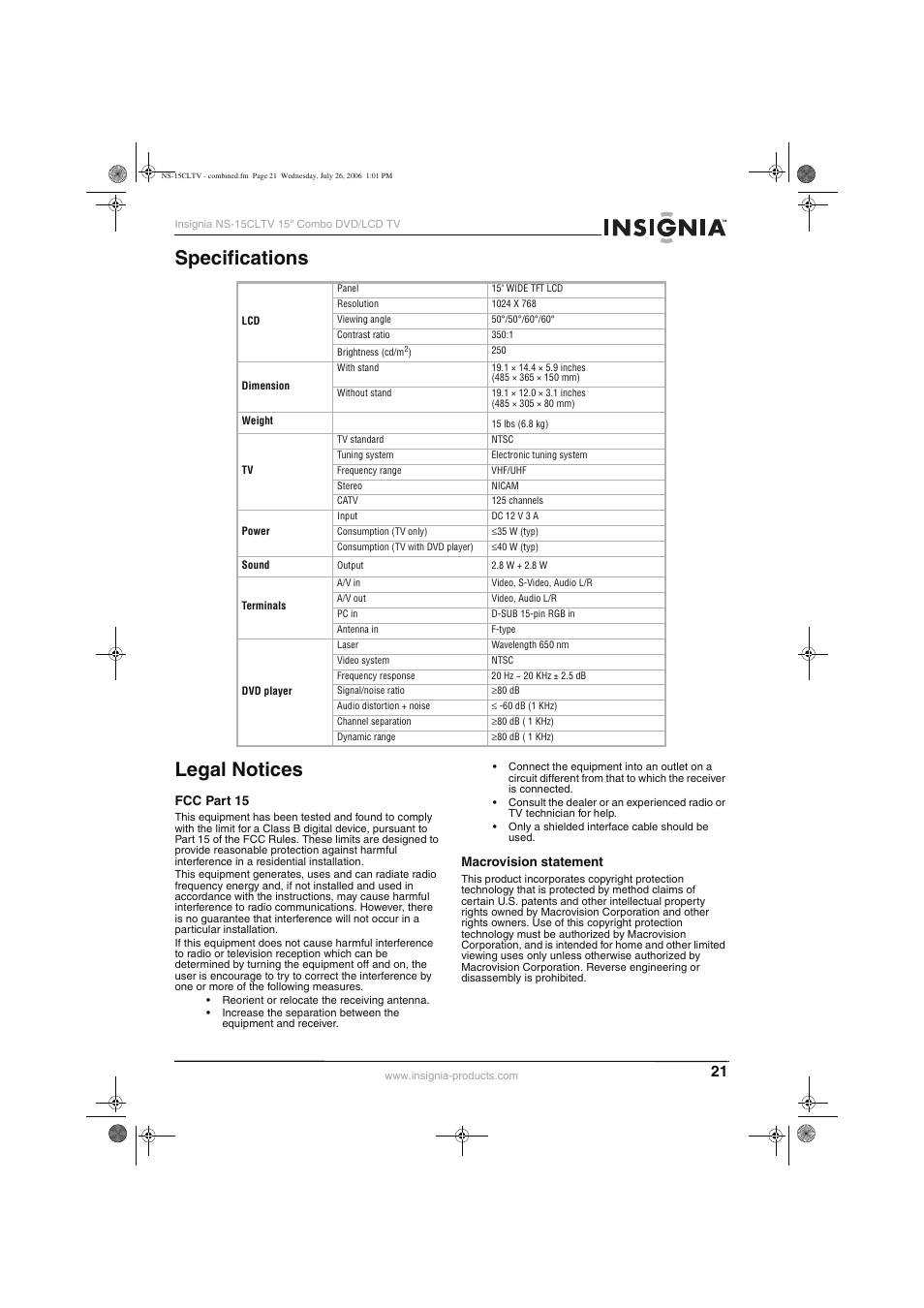 Specifications legal notices | Insignia NS-15cltv User Manual | Page 20 / 69