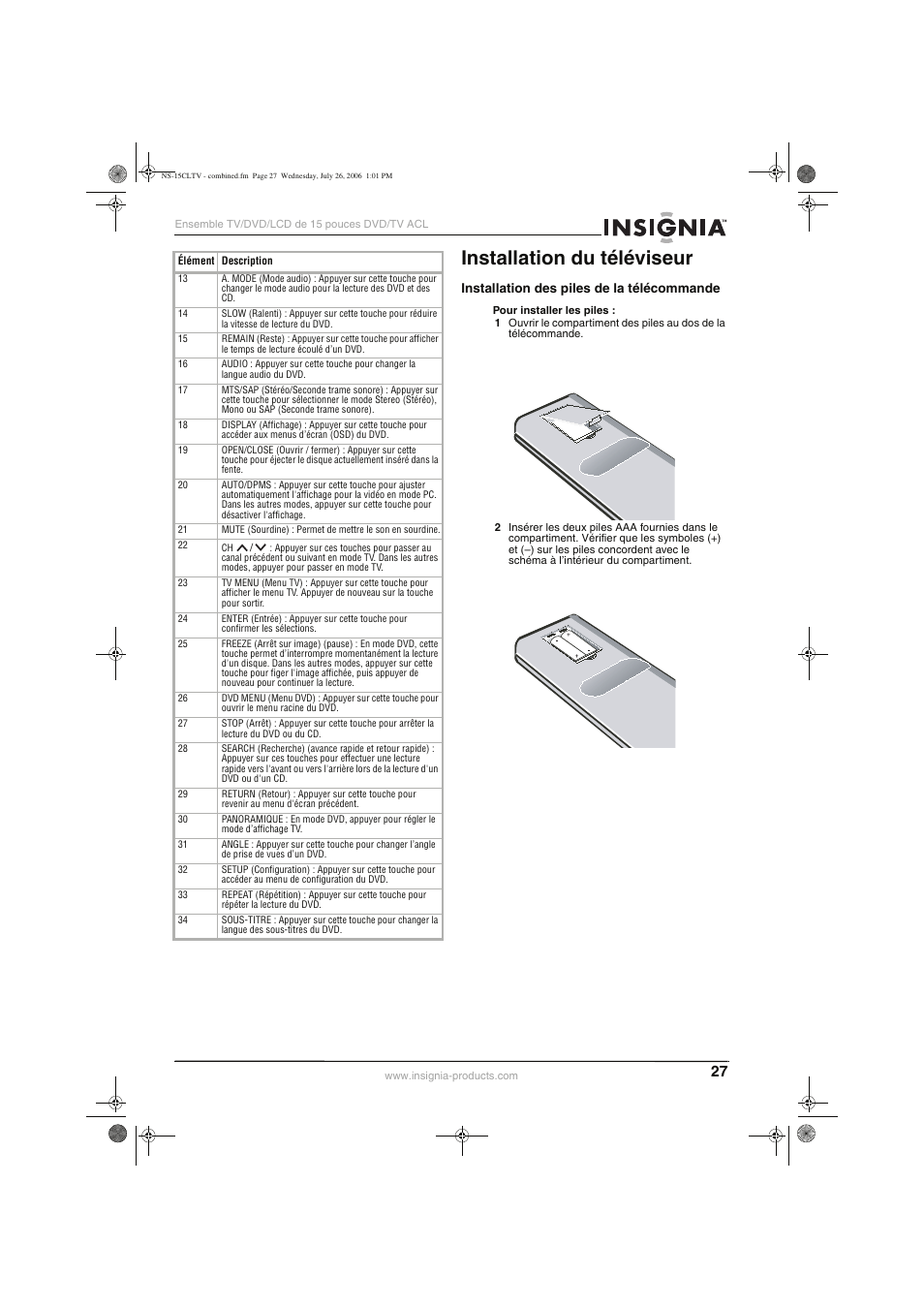 Installation du téléviseur | Insignia NS-15cltv User Manual | Page 26 / 69