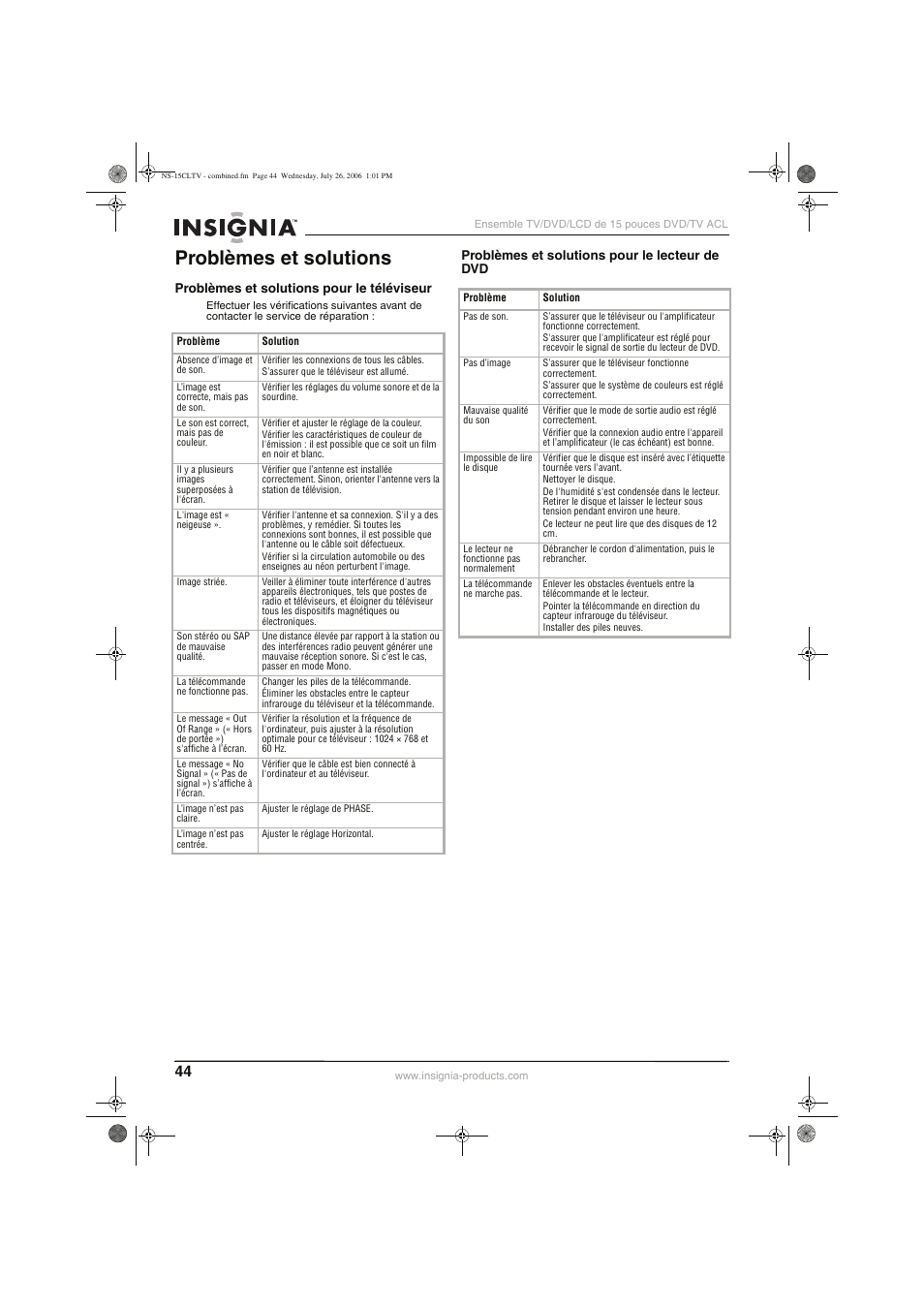 Problèmes et solutions | Insignia NS-15cltv User Manual | Page 43 / 69