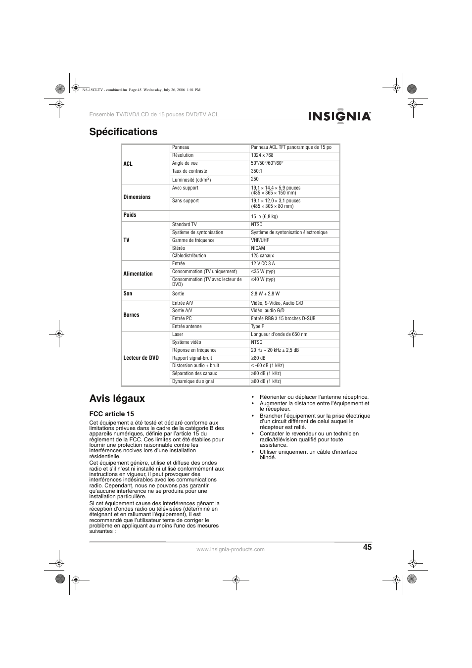 Spécifications avis légaux | Insignia NS-15cltv User Manual | Page 44 / 69