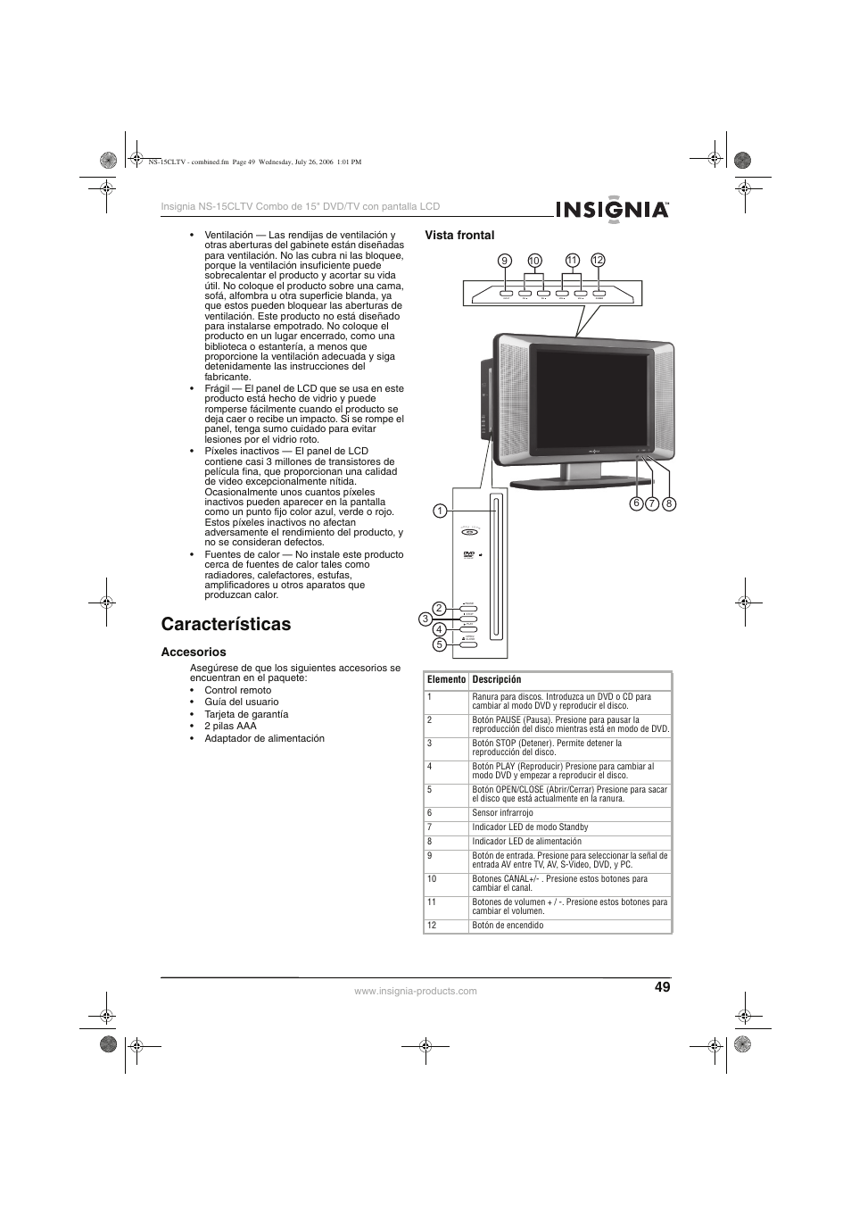 Características, Accesorios, Vista frontal | Insignia NS-15cltv User Manual | Page 48 / 69