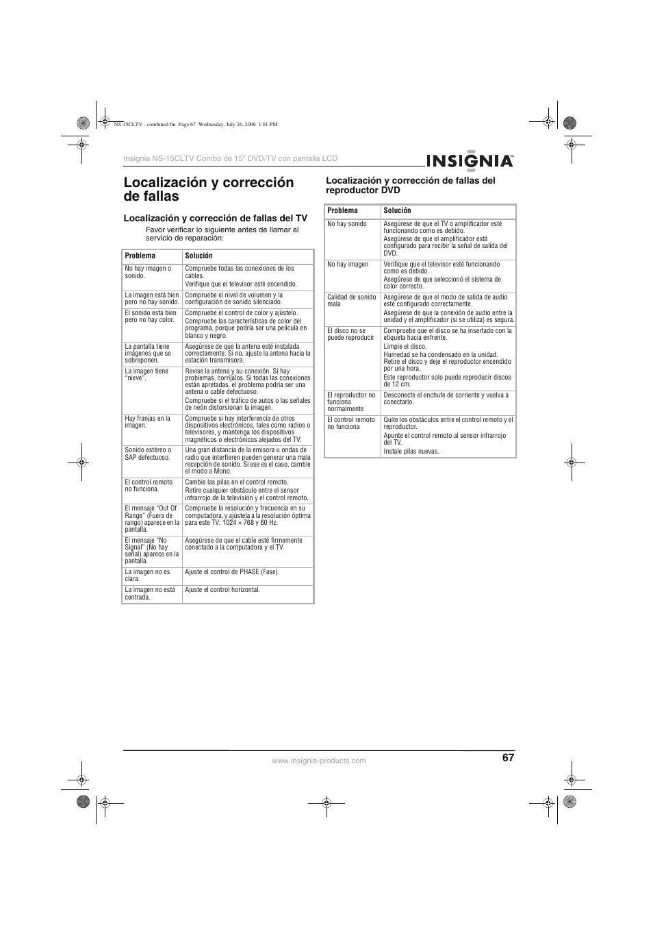 Localización y corrección de fallas | Insignia NS-15cltv User Manual | Page 66 / 69