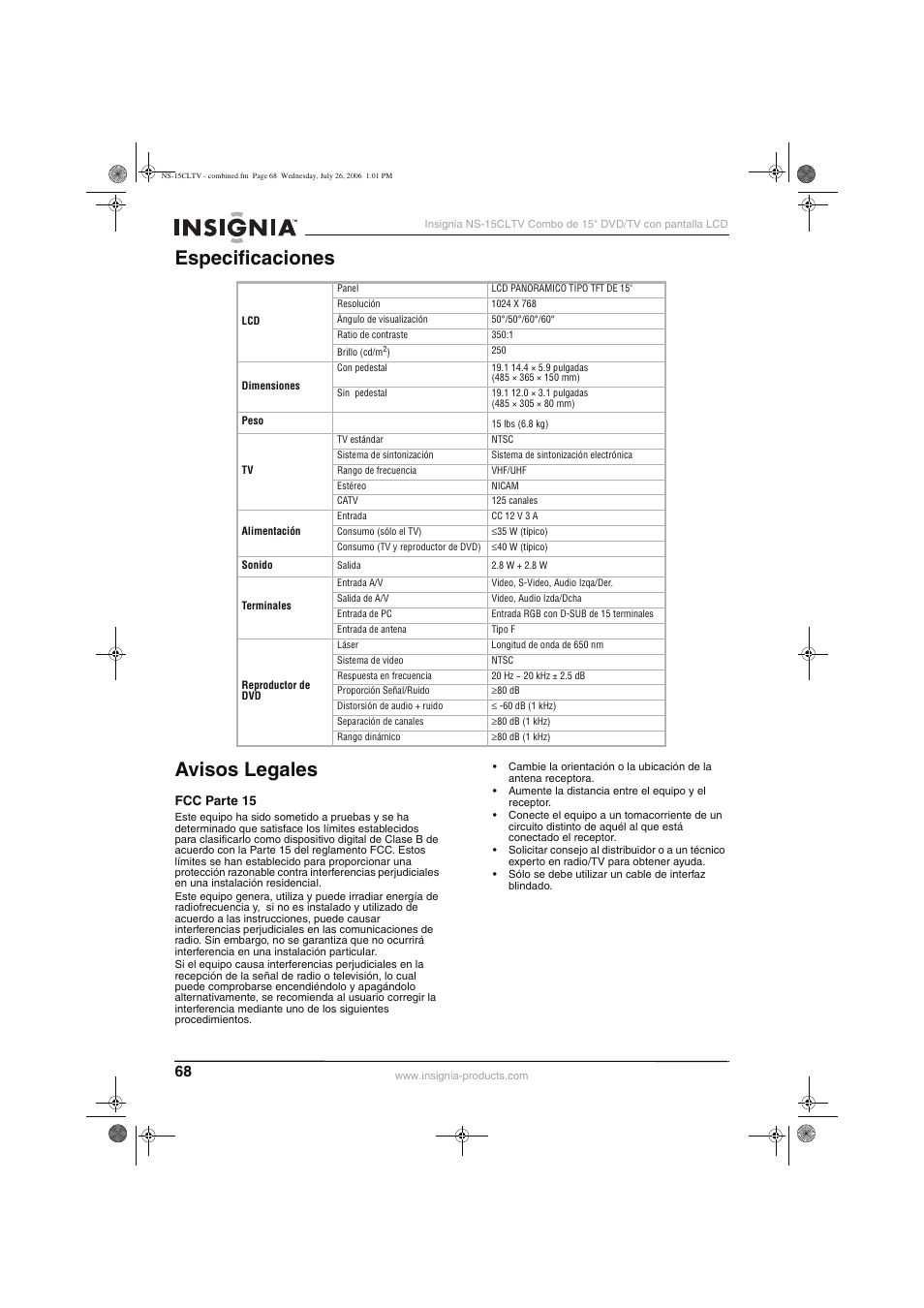 Especificaciones avisos legales | Insignia NS-15cltv User Manual | Page 67 / 69