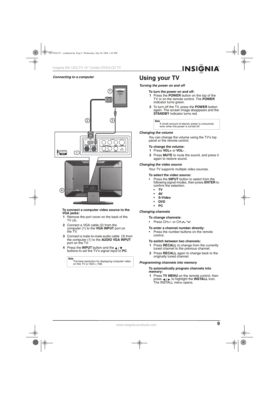 Using your tv | Insignia NS-15cltv User Manual | Page 8 / 69