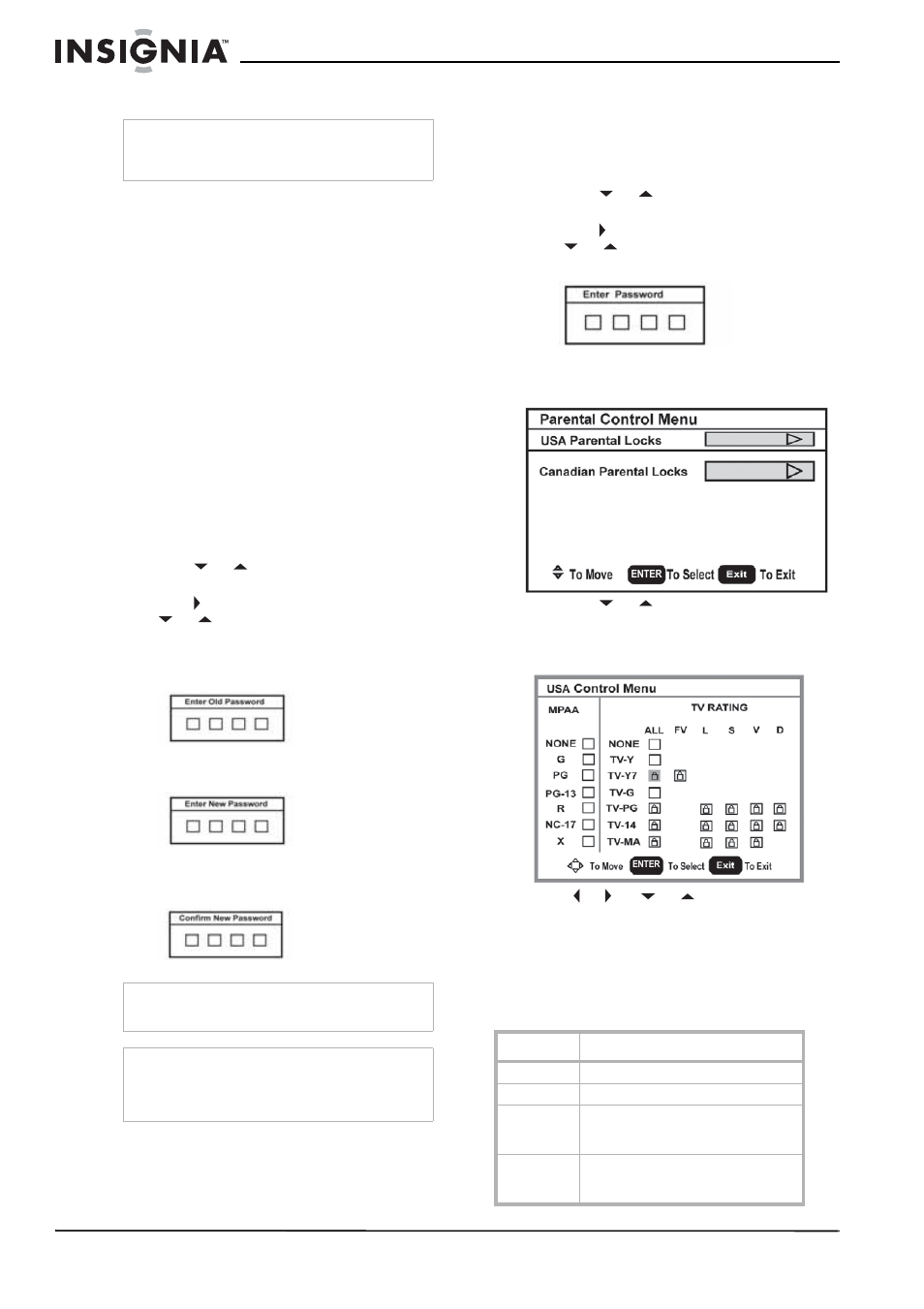 Viewing closed captions, To view closed captions, Setting parental controls | To set up a password, Setting the parental control level, To set the parental control level, American mpaa ratings, Ee “setting parental controls | Insignia NS-LCD15 User Manual | Page 10 / 50