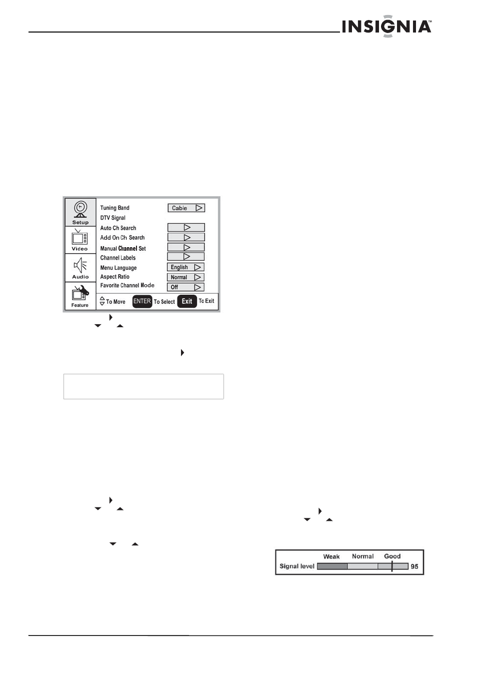 Configuration de la liste des canaux, Configuration automatique des canaux, Pour ajouter ou supprimer des canaux | Changement de canal, Pour changer de canal, Sélection d’un canal secondaire numérique, Pour sélectionner un canal secondaire, Réglage du volume, Pour régler le volume, Affichage de l'information d'état | Insignia NS-LCD15 User Manual | Page 23 / 50