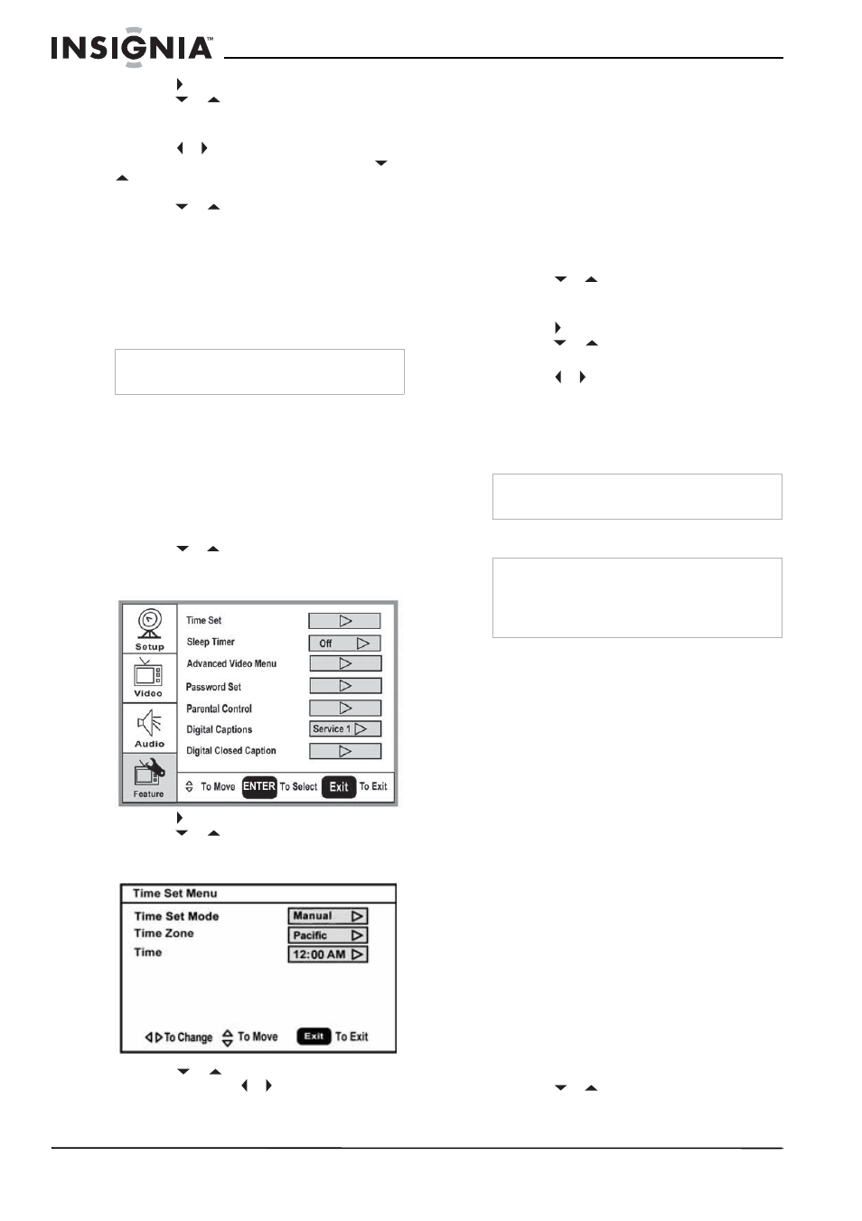 Congelamiento de la imagen, Para congelar o descongelar la imagen, Ajuste del reloj | Para ajustar el reloj, Ajuste del temporizador de apagado automático, Visualización de subtítulos optativos, Para ver los subtítulos optativos, Configuración de los controles de los padres, Para establecer una contraseña | Insignia NS-LCD15 User Manual | Page 40 / 50