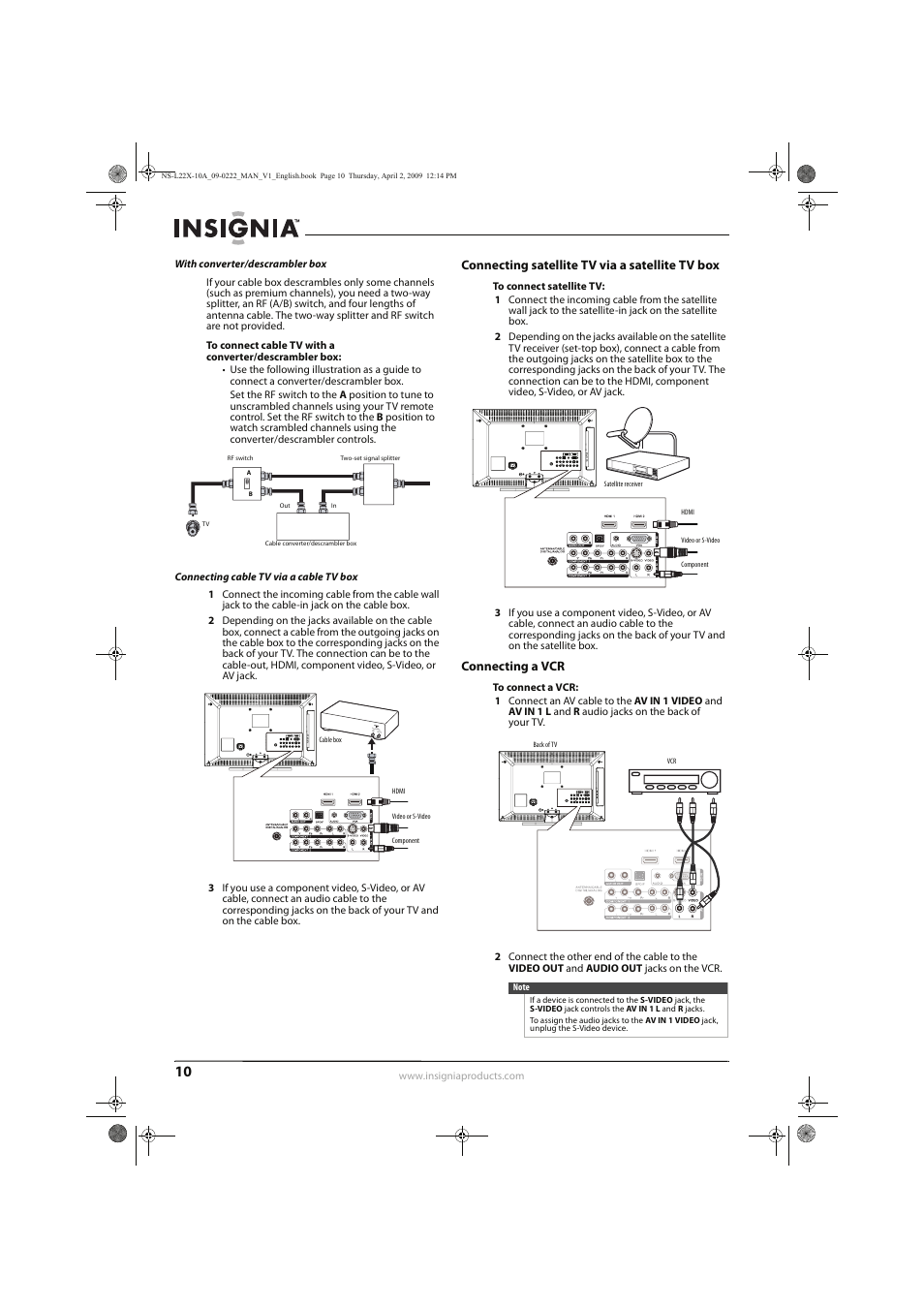 Connecting satellite tv via a satellite tv box, Connecting a vcr | Insignia NS-L22X-10A User Manual | Page 14 / 60