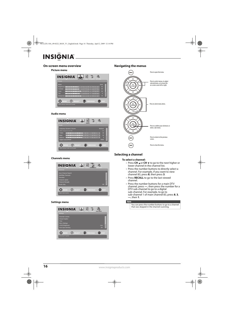 On-screen menu overview, Navigating the menus selecting a channel | Insignia NS-L22X-10A User Manual | Page 20 / 60