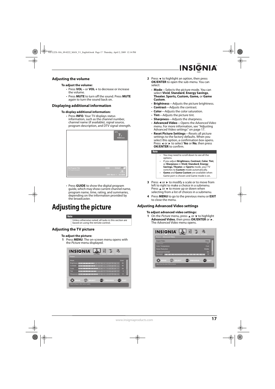 Adjusting the picture, Adjusting the volume, Displaying additional information | Adjusting the tv picture, Adjusting advanced video settings | Insignia NS-L22X-10A User Manual | Page 21 / 60