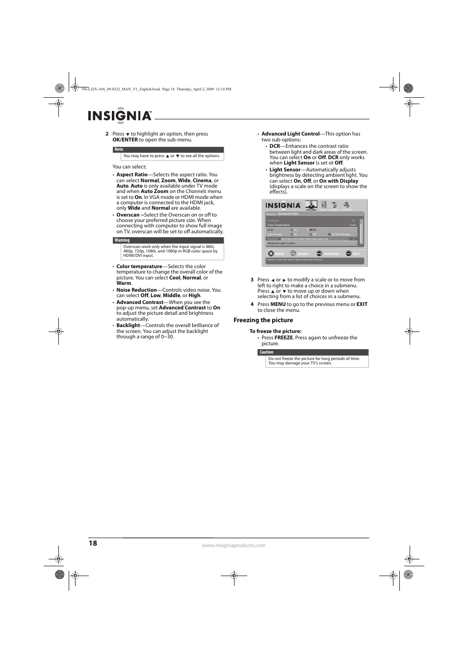 Freezing the picture | Insignia NS-L22X-10A User Manual | Page 22 / 60