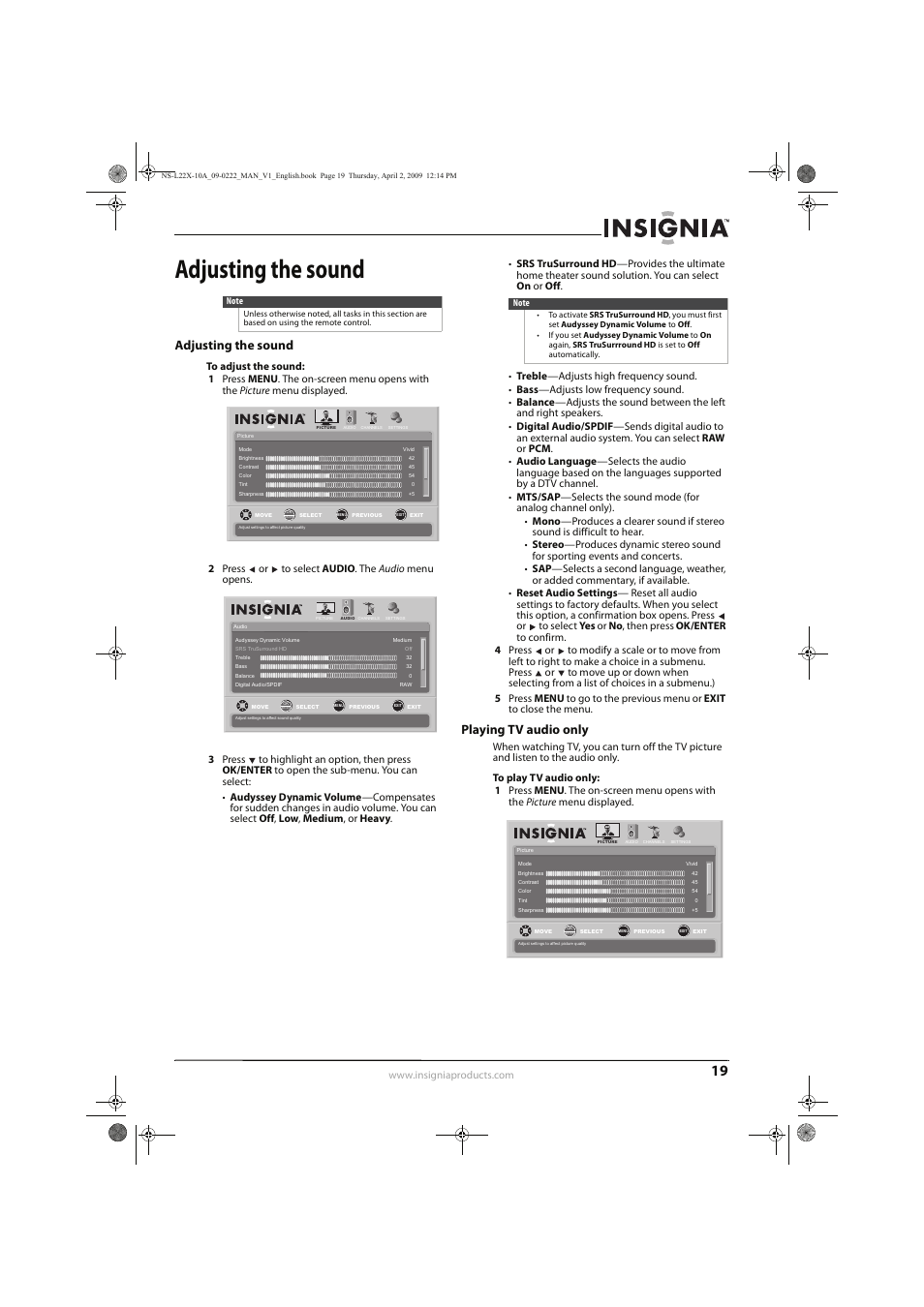 Adjusting the sound, Playing tv audio only | Insignia NS-L22X-10A User Manual | Page 23 / 60