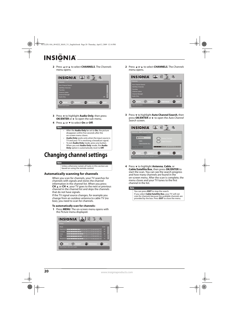 Changing channel settings, Automatically scanning for channels | Insignia NS-L22X-10A User Manual | Page 24 / 60