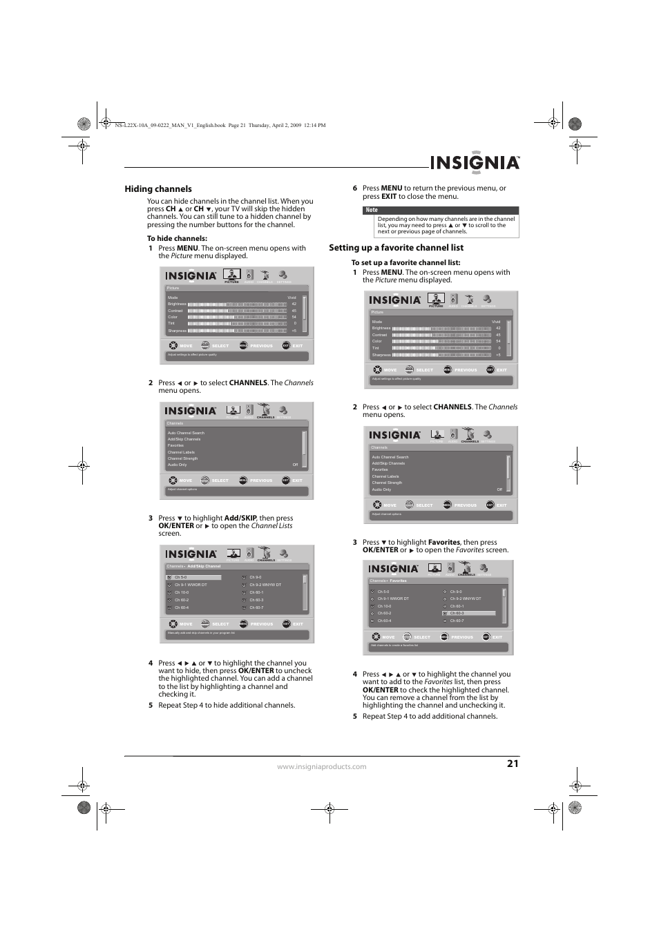 Hiding channels, Setting up a favorite channel list | Insignia NS-L22X-10A User Manual | Page 25 / 60
