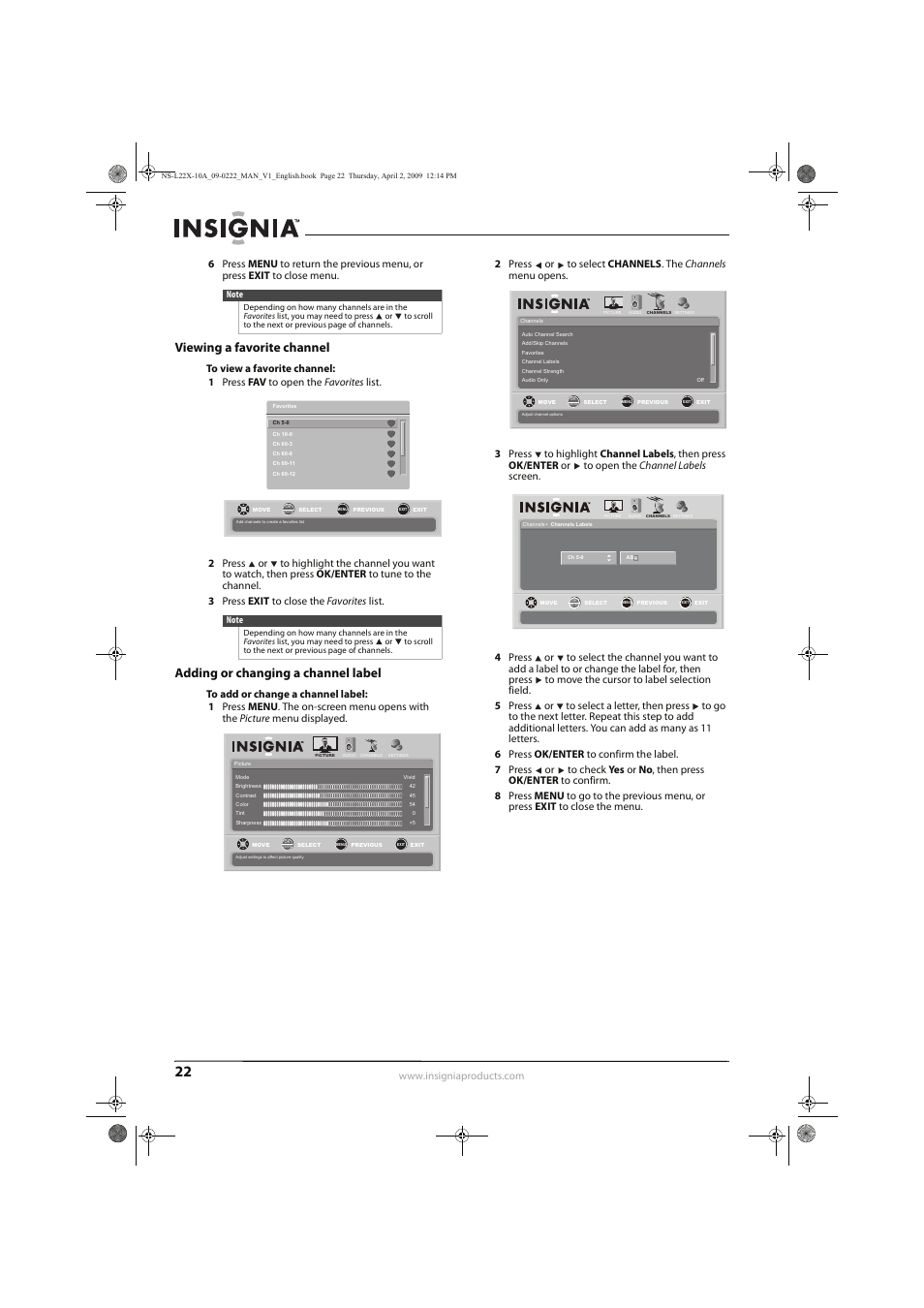Viewing a favorite channel, Adding or changing a channel label | Insignia NS-L22X-10A User Manual | Page 26 / 60