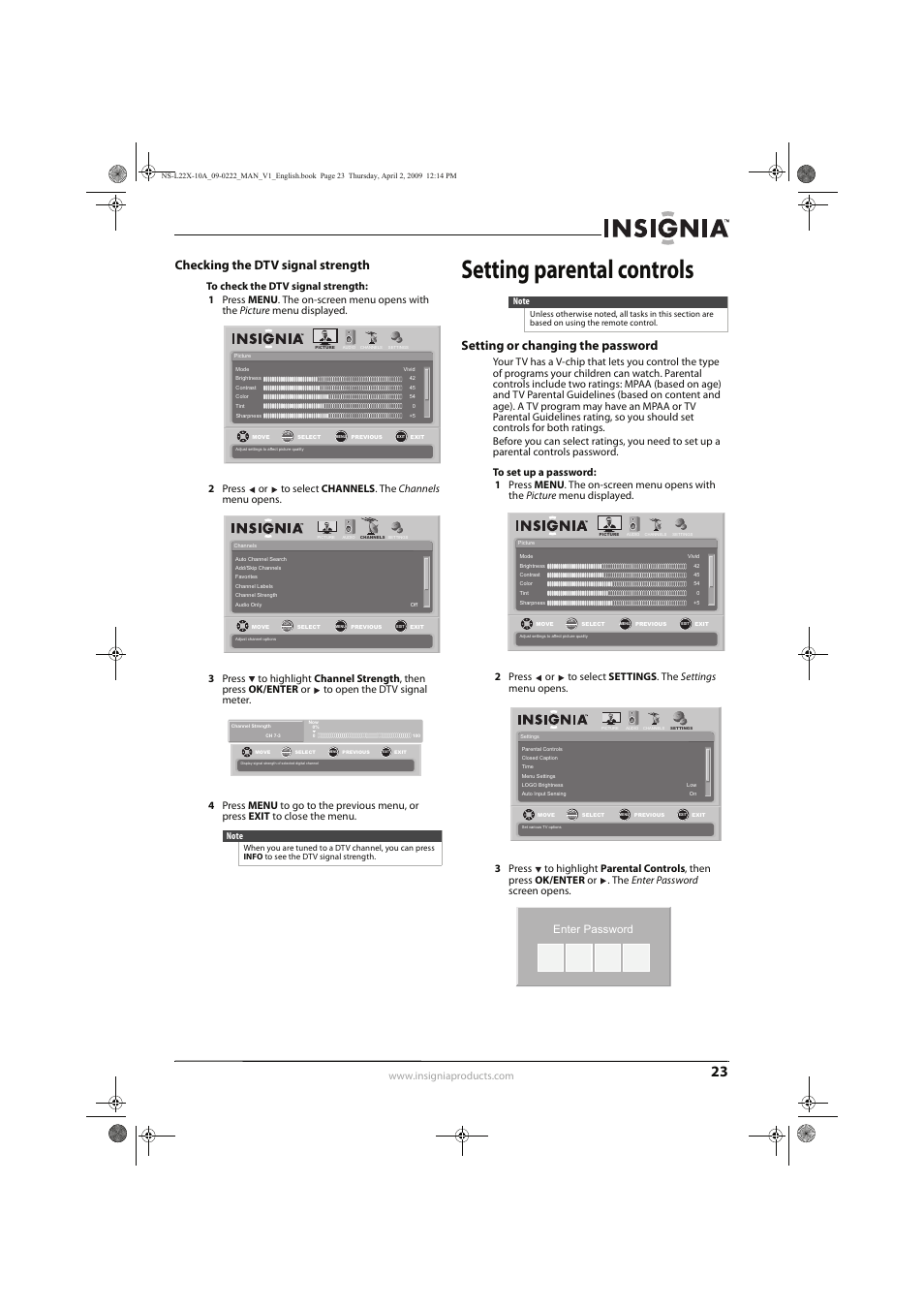 Setting parental controls, Checking the dtv signal strength, Setting or changing the password | Enter password | Insignia NS-L22X-10A User Manual | Page 27 / 60