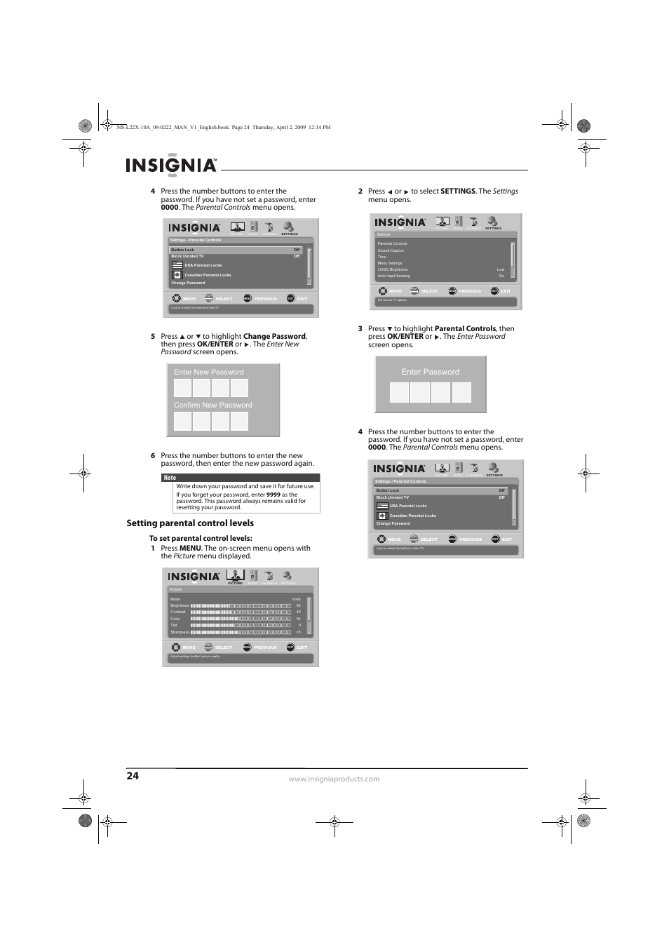 Setting parental control levels, Enter password, Enter new password confirm new password | Insignia NS-L22X-10A User Manual | Page 28 / 60