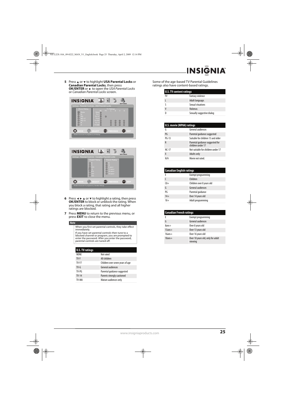 U.s. tv ratings, U.s. tv content ratings, U.s. movie (mpaa) ratings | Canadian english ratings, Canadian french ratings | Insignia NS-L22X-10A User Manual | Page 29 / 60