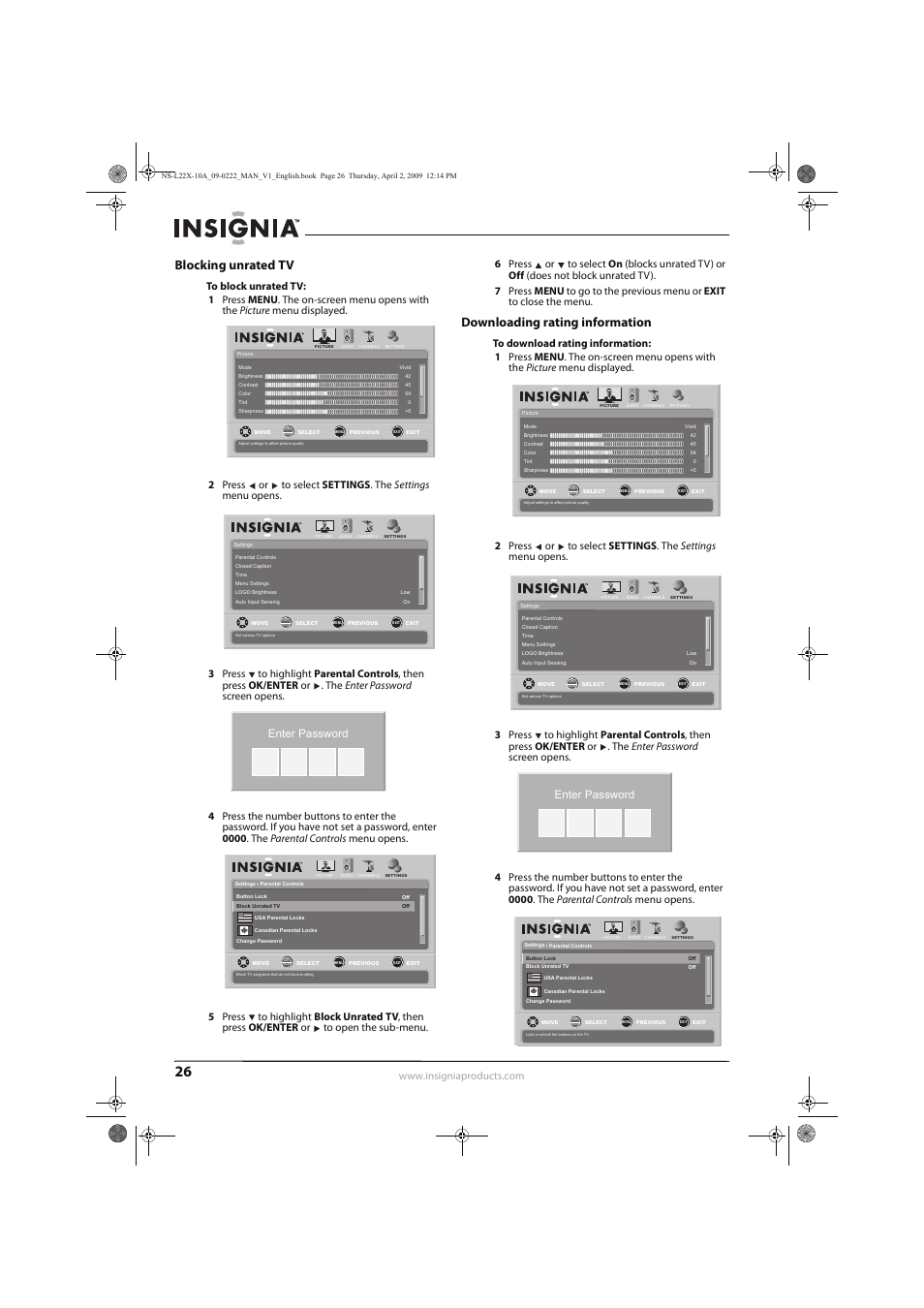 Blocking unrated tv, Downloading rating information, Enter password | Insignia NS-L22X-10A User Manual | Page 30 / 60