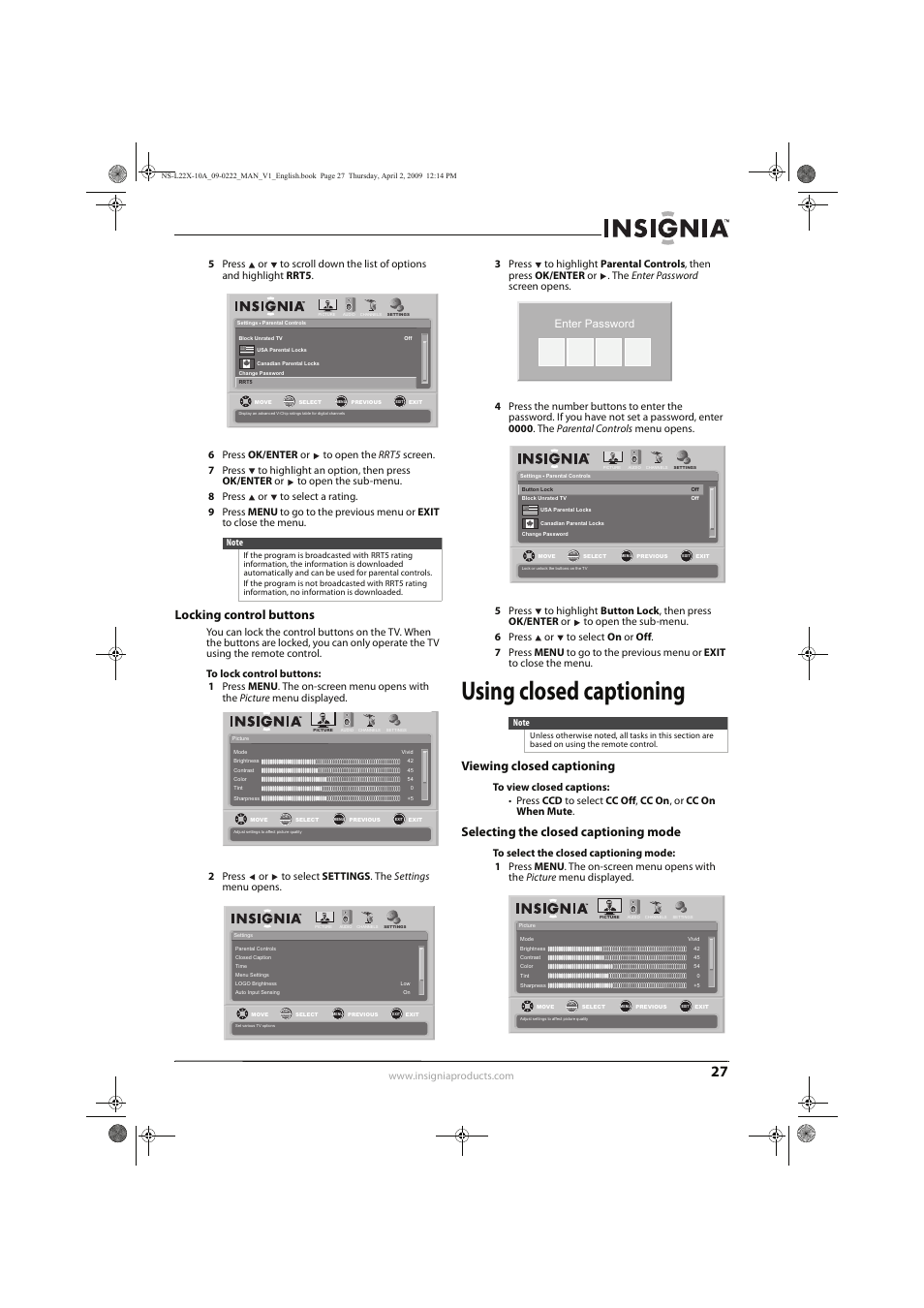 Using closed captioning, Locking control buttons, Viewing closed captioning | Selecting the closed captioning mode, Enter password | Insignia NS-L22X-10A User Manual | Page 31 / 60