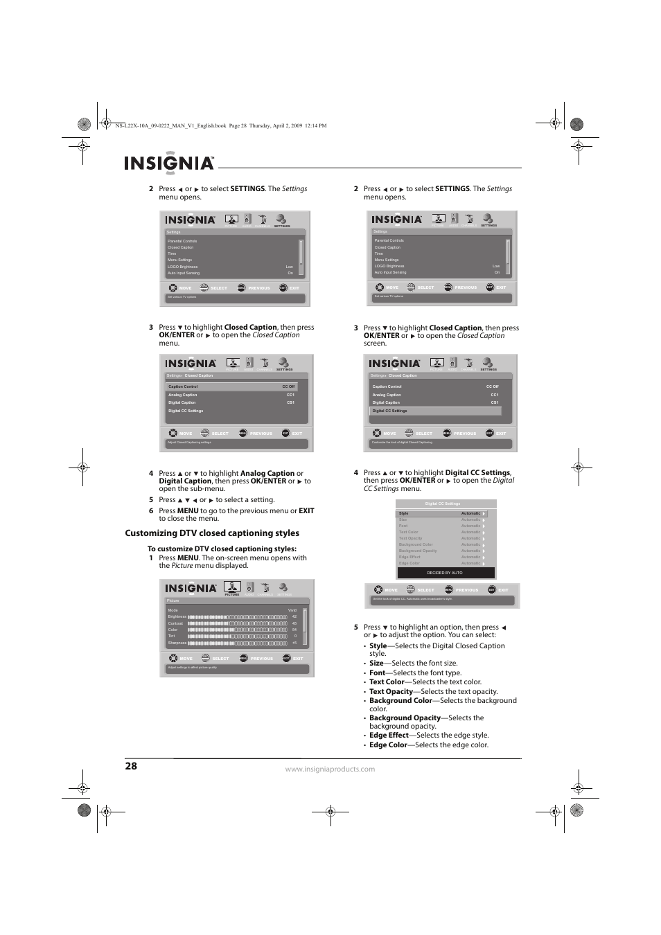 Customizing dtv closed captioning styles | Insignia NS-L22X-10A User Manual | Page 32 / 60