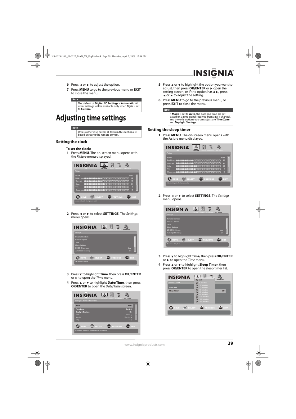 Adjusting time settings, Setting the clock, Setting the sleep timer | Insignia NS-L22X-10A User Manual | Page 33 / 60