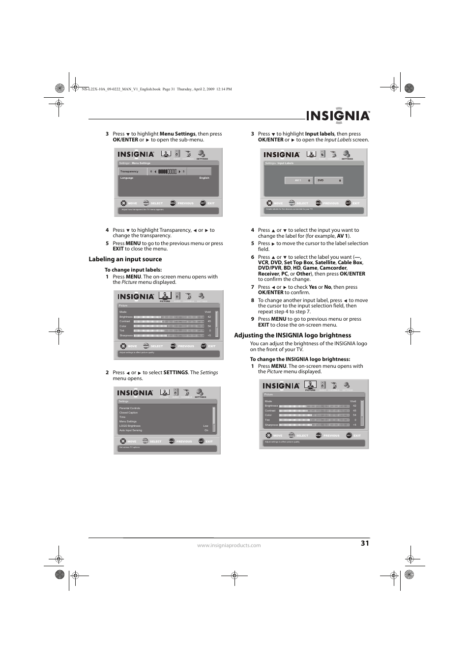 Labeling an input source, Adjusting the insignia logo brightness | Insignia NS-L22X-10A User Manual | Page 35 / 60